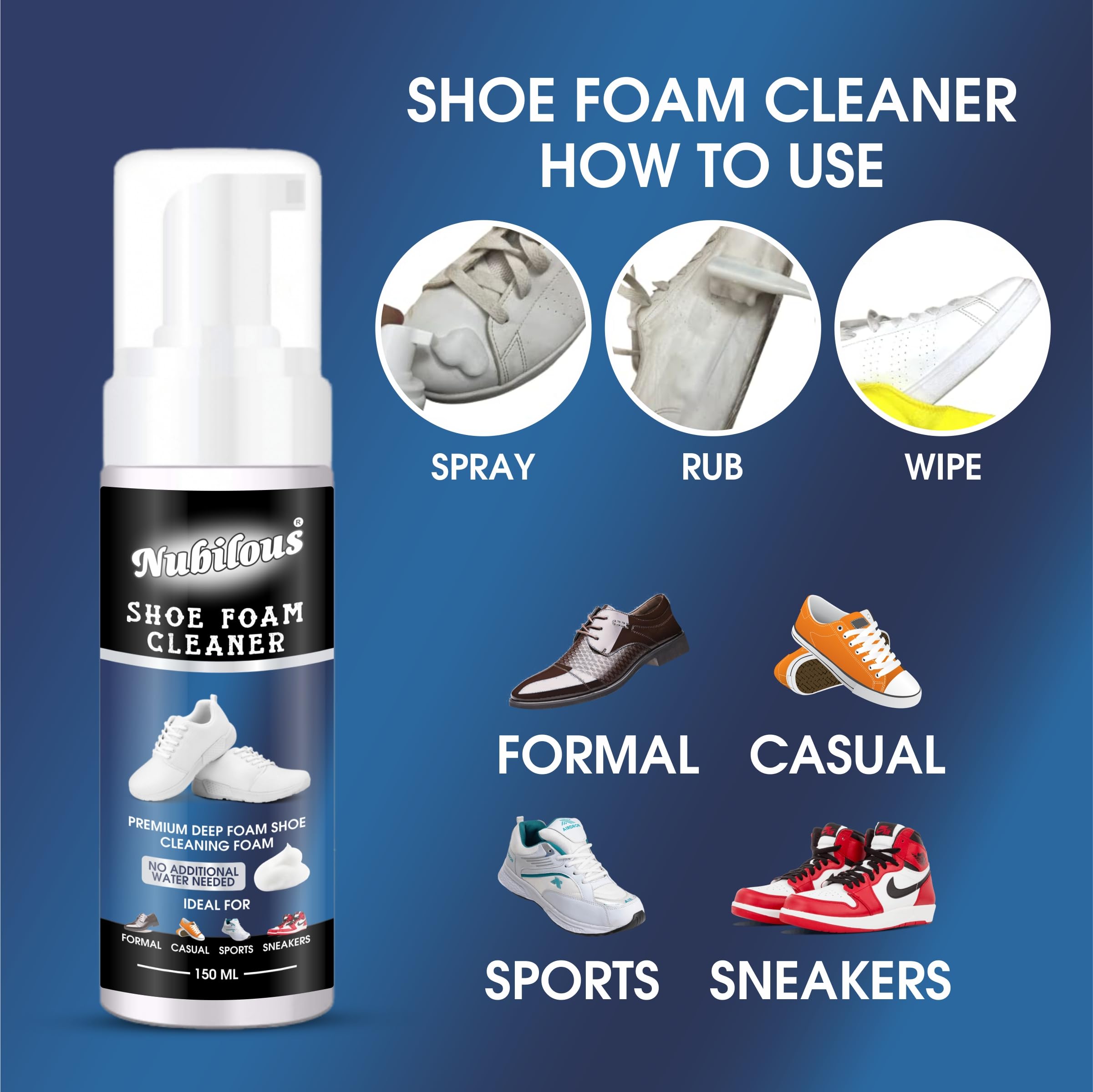 Nubilous Sneaker Cleaner for White Shoes | Foam Cleaning Kit for Nubuck, Canvas, Knit & Sports Shoes | Gentle Shoe Cleaner for Trainers, Running & Casual Wear | Perfect for Gym, Workouts & Everyday Use