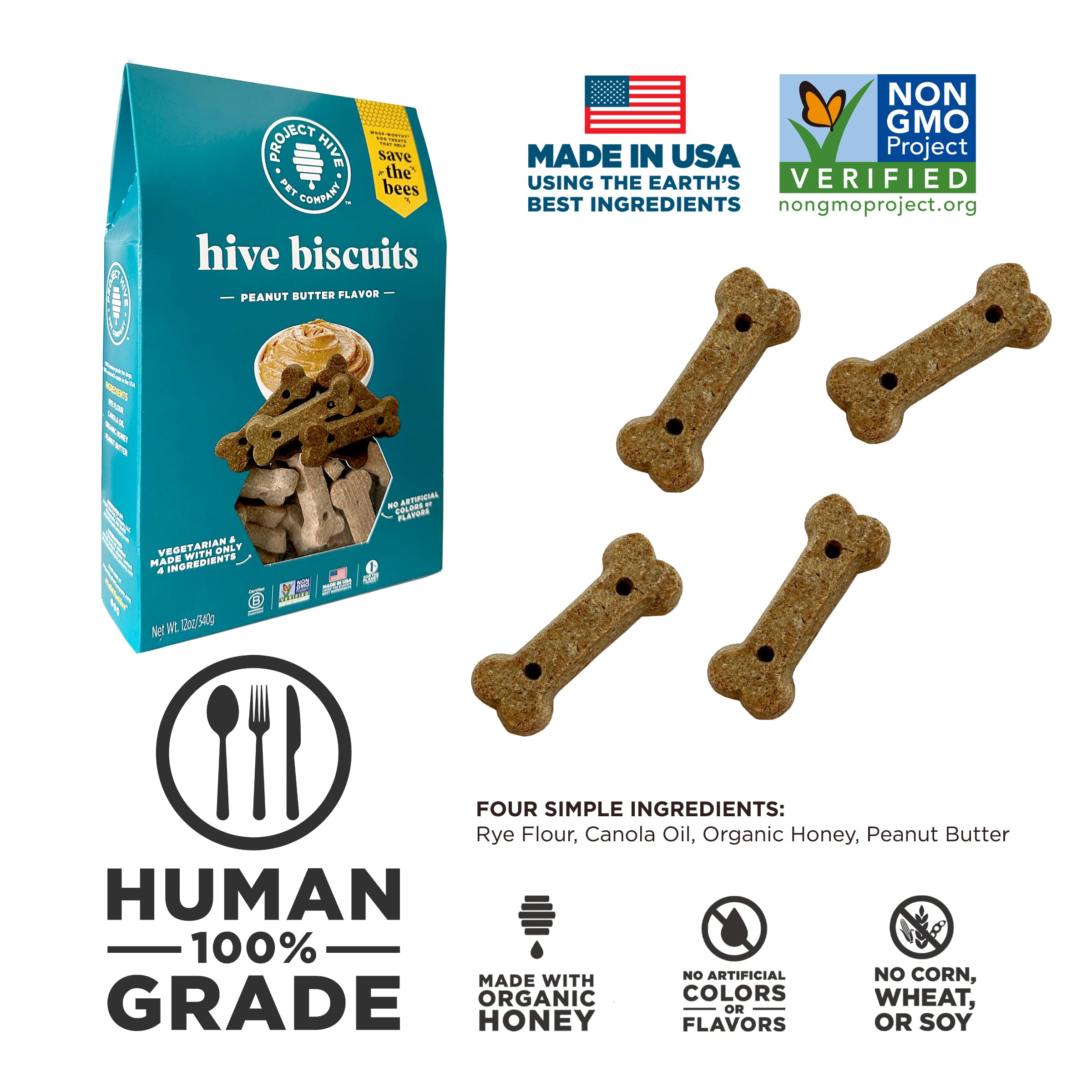 Hive Peanut Butter Dog Biscuits – 2 Pack | Healthy, Non-GMO, Organic Dog Treats for Training | Made in USA for All Breeds | Perfect for Reward, Obedience & Positive Reinforcement Training