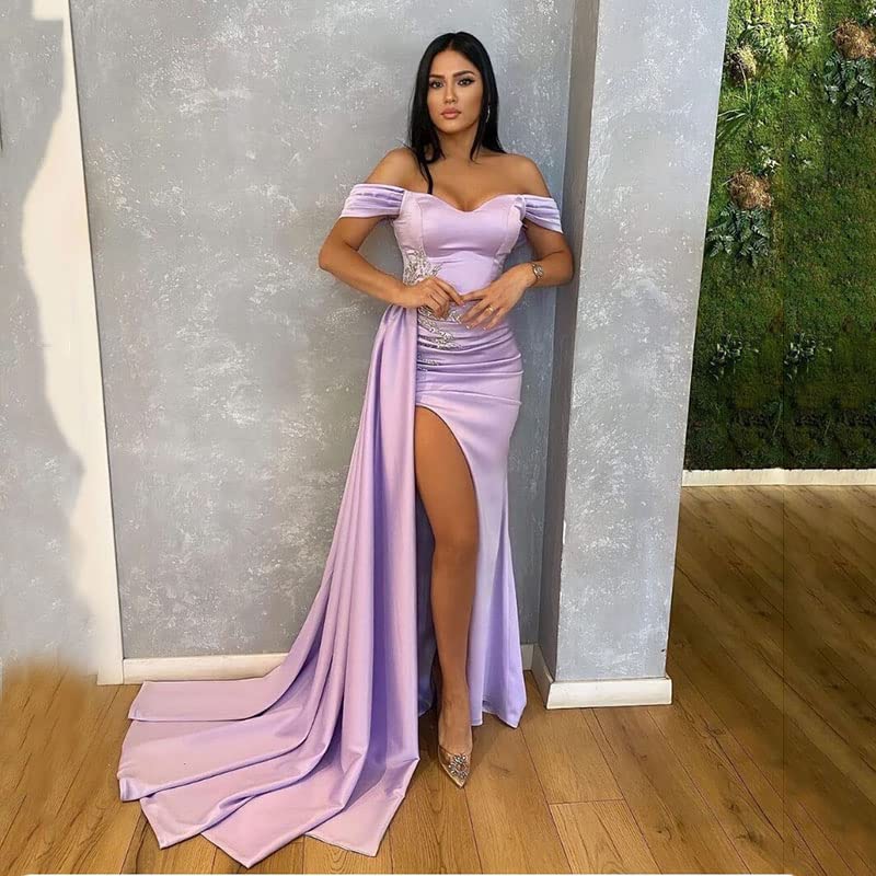 Off Shoulder Mermaid Prom Dresses for Women - Long Ruched Satin Formal Gown with Sexy High Slit, Bodycon Evening Dress for Bridesmaid, Homecoming, Pageant & Special Occasions