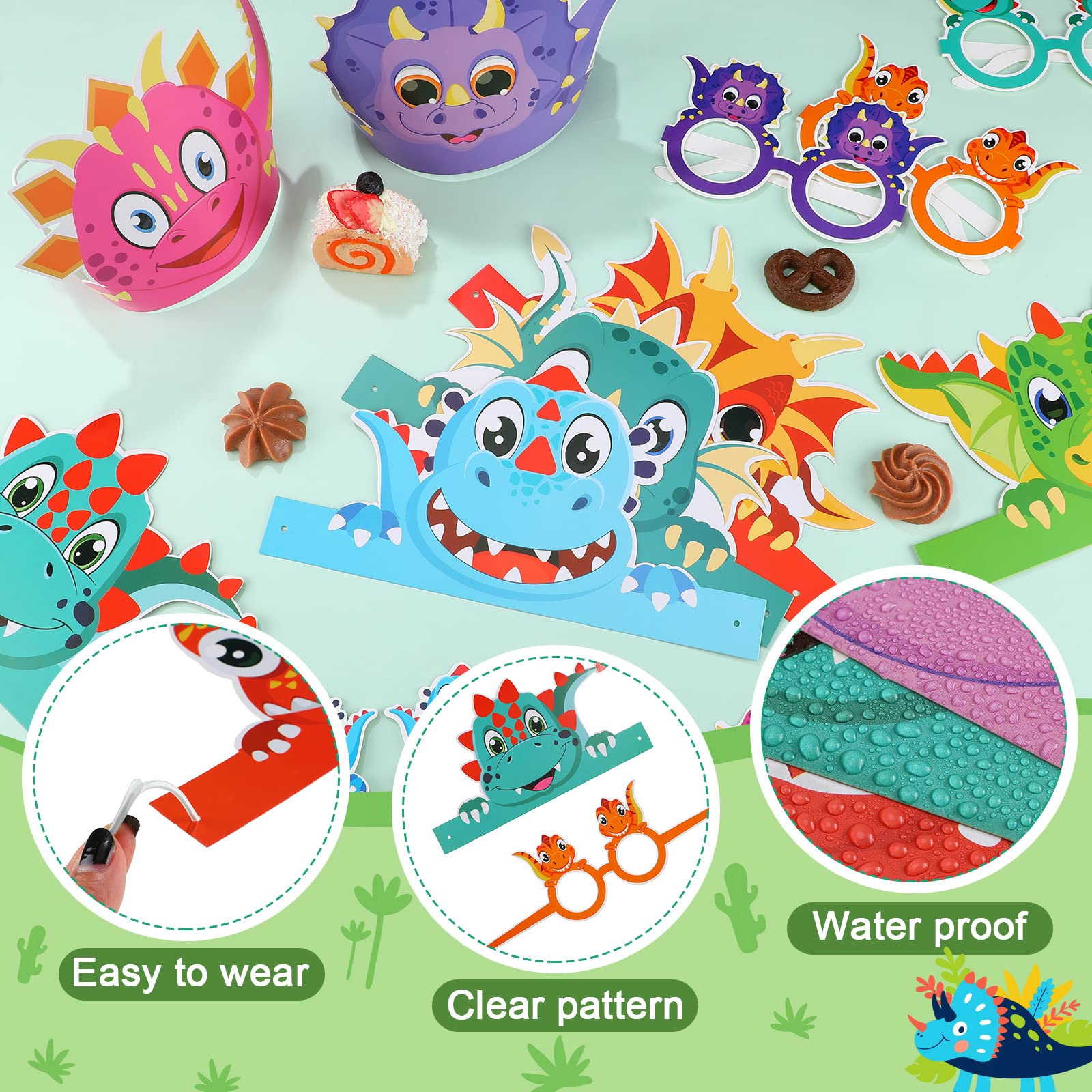 48-Piece Dinosaur Birthday Party Supplies Set - Includes Dino Paper Hats, Adjustable Sunglasses & 24 Ropes - Perfect for Kids' Dinosaur Theme Parties, Christmas Gifts & Photo Props - Great for Birthday Decorations, Classroom Activities & Jurassic-Themed Events