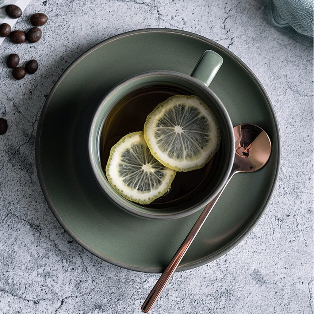 Premium Ceramic Coffee Mug and Saucer Set - 230ml (7.8 Oz) Tea Cup with Spoon - Durable Dishwasher Safe Cups for Home, Office or Gift - Classic One Color Design for Coffee, Tea & Hot Beverages