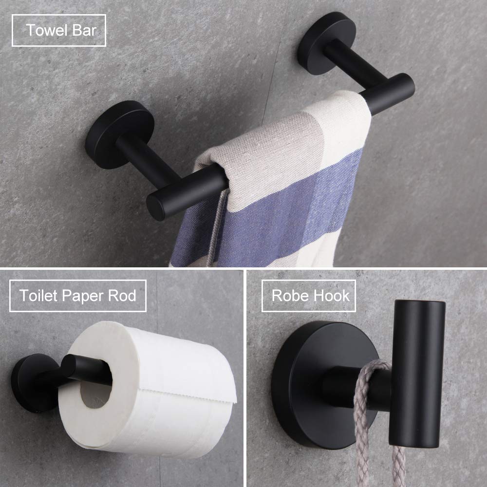 BEIGEEWY Modern Matte Black Stainless Steel Bathroom Hardware Set - 3-Piece Wall Mounted Towel Bar, Toilet Paper Holder & Robe Hook for Contemporary Bathrooms, Powder Rooms & Spa-Style Retreats