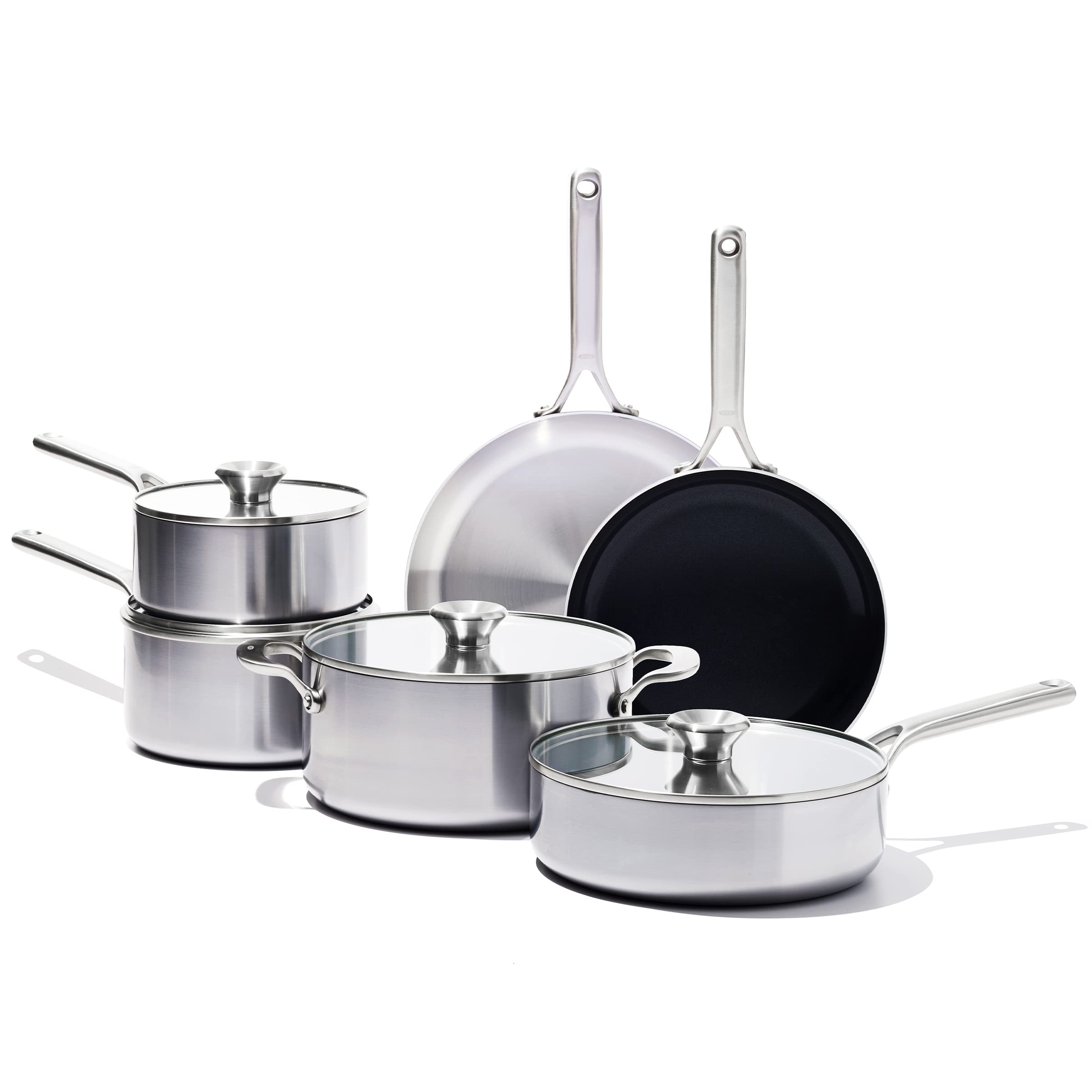 OXO Mira Tri-Ply Stainless Steel 10-Piece Cookware Set - Pots, Pans, Skillets, Saucepans with Lids & Ceramic Nonstick Frying Pan | Induction Compatible, Multi-Clad, Metal Utensil Safe, Dishwasher & Oven Safe | Perfect for Home Cooking, Professional Kitchens & Everyday Meal Prep