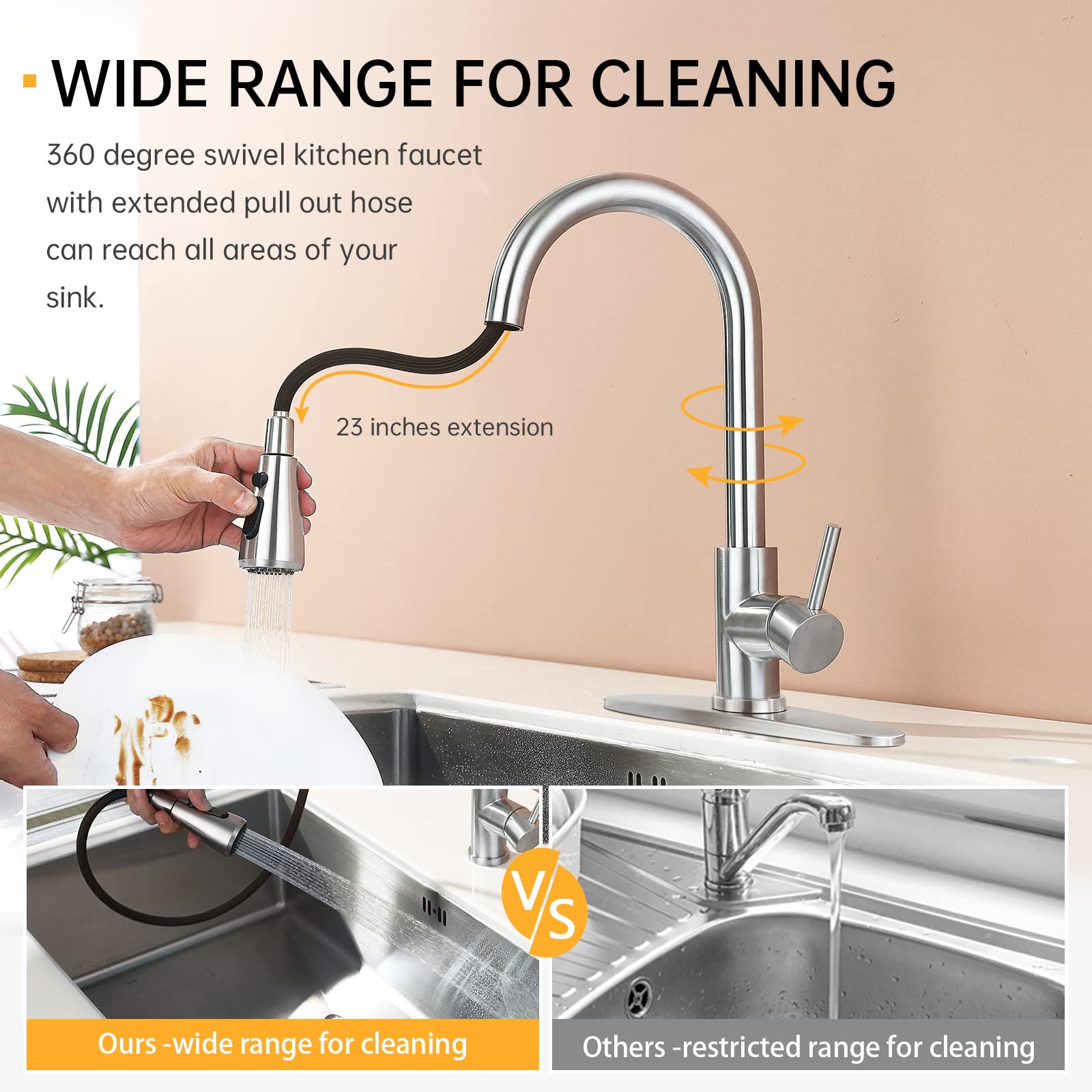 Brushed Nickel Pull Down Sprayer Kitchen Faucet - High Arc Single Handle Sink Faucet with Matching Deck Plate & 3/8 to 1/2 Adapters | Perfect for Modern Kitchens, Restaurant Prep Areas & RV Sinks