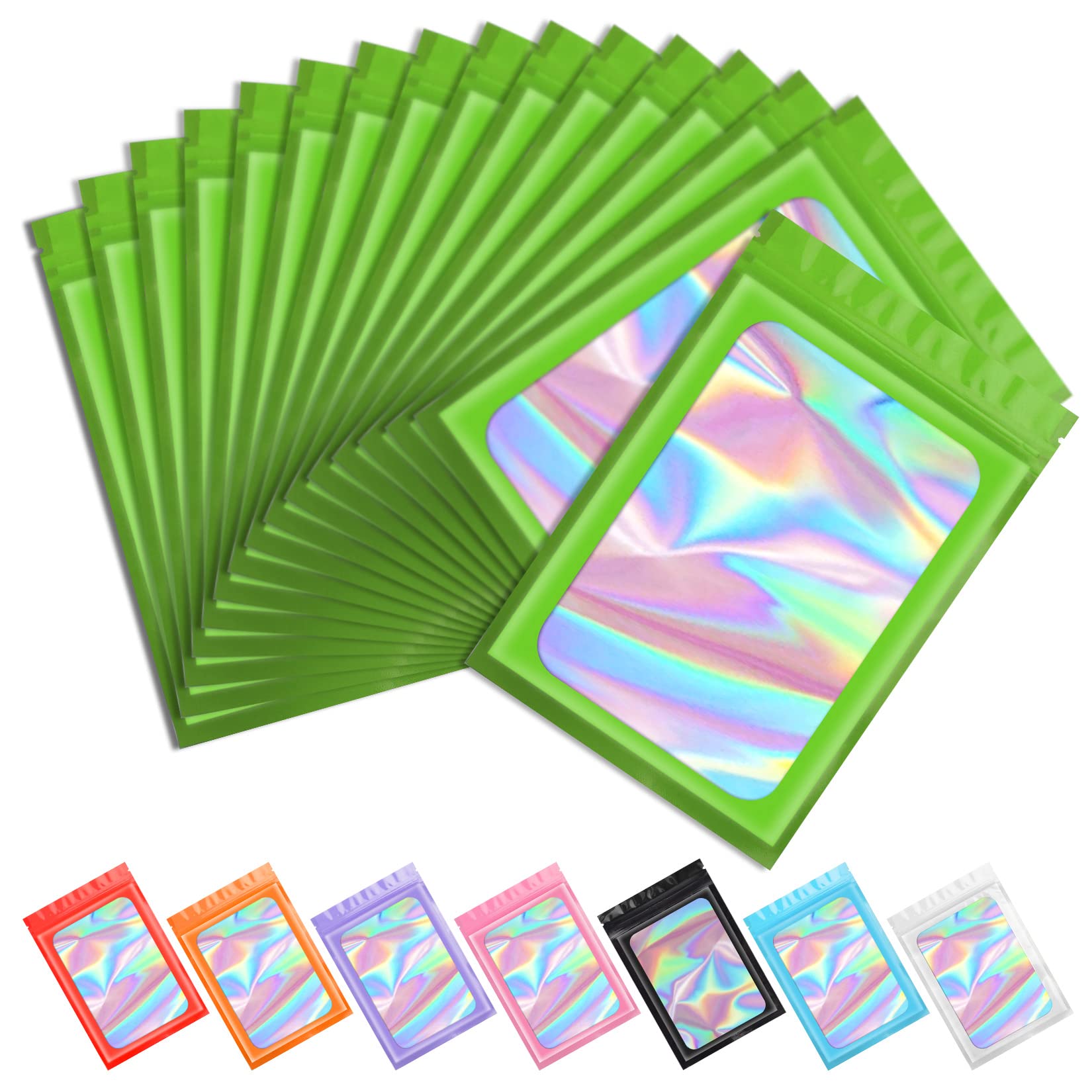 100-Pack Green Smell Proof Mylar Holographic Bags | Resealable Odor Proof Packaging for Food Storage, Lip Gloss, Jewelry & Eyelash Extensions | Small Business Supplies (4x6 Inch) | Perfect for Home Organization & Retail Display