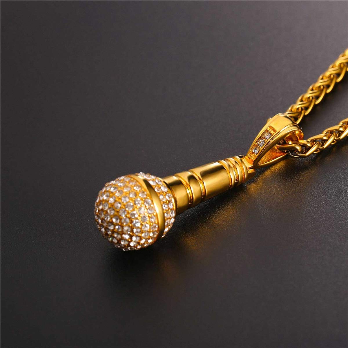 Stainless Steel Gold Rhinestone Microphone Pendant Ice Out Chain Necklace for Men & Women - Perfect for Concerts, Parties & Hip Hop Fashion