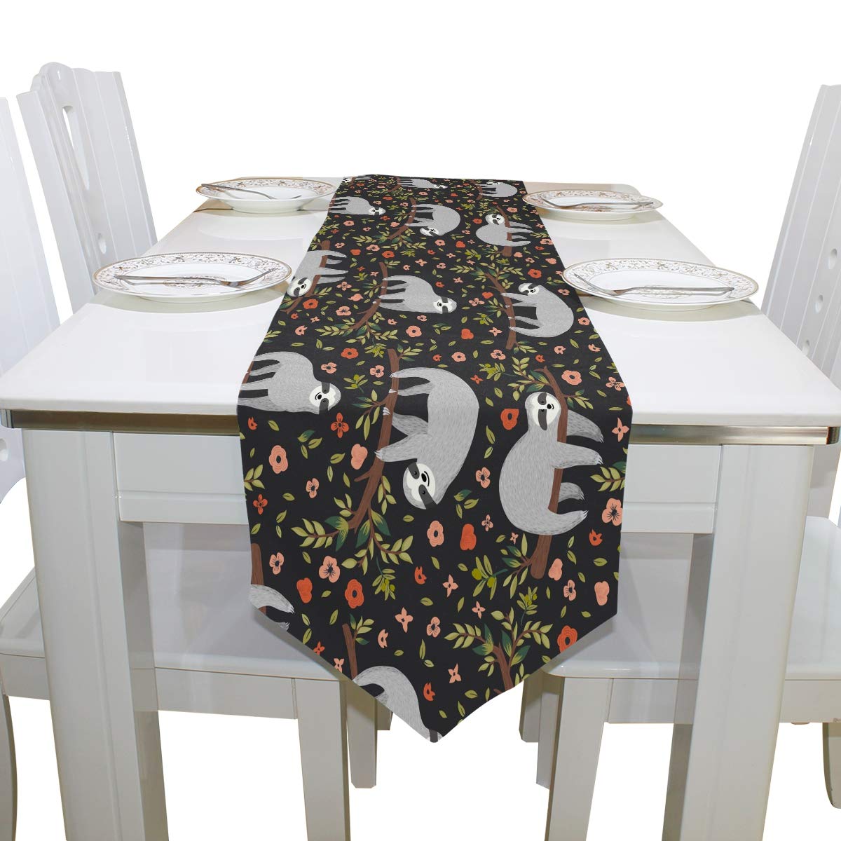 AUUXVA 13x90 Inches Long Table Runner - Cute Sloth & Floral Pattern Polyester Tablecloth for Dining Table, Kitchen, Coffee Table | Perfect for Home Decor, Parties, Banquets & Holiday Celebrations