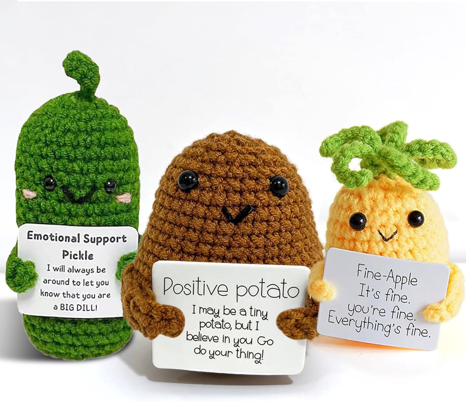 3-Pack Emotional Support Pickle & Potato Plush Toys with Positive Affirmation Cards - Cute Crochet Pineapple Doll Set, Unique Birthday Gifts for Women & Men, Fun Office Decor for Stress Relief & Home Decoration