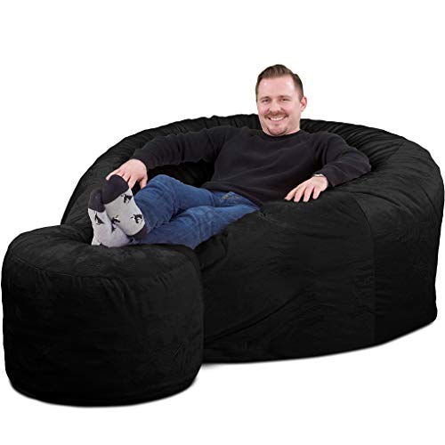 Ultimate Sack 5ft Oversized Bean Bag Chair & Footstool for Adults - Luxurious Black Fur Comfy Lounge Sofa Loveseat | Perfect for Living Room, Game Room, Dorm & Home Theater Relaxation