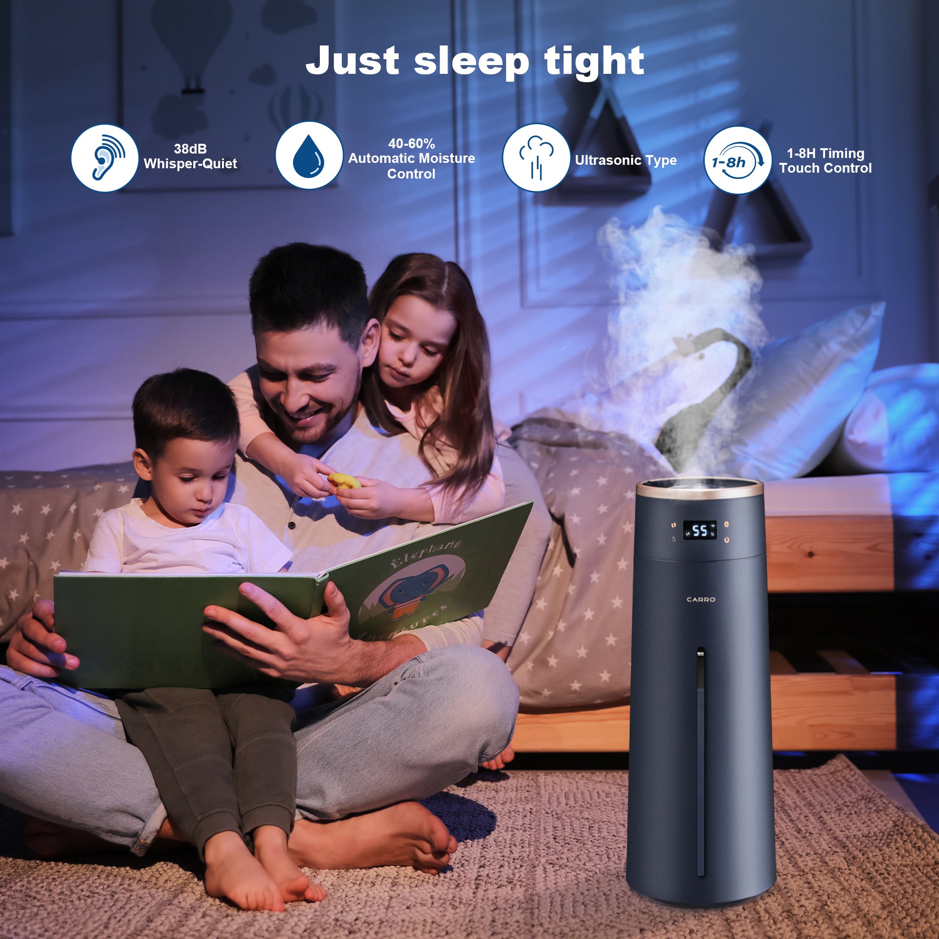 Smart Humidifier 2.1 Gal Top Fill Cool Mist - Large Room Ultrasonic Humidifier for Bedroom, Nursery & Office - Quiet Air Moisturizer for Baby, Plants & Dry Skin Relief