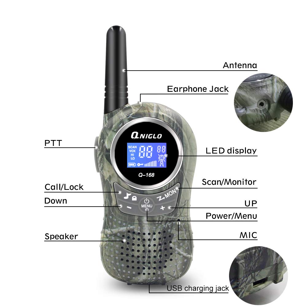 QNIGLO Rechargeable Kids Walkie Talkies - Camo Walkie Talkies for Boys & Girls Ages 3-12, Long Range Outdoor Adventure Toys for Camping, Hiking, Spy Games & Police Role Play | Perfect Birthday Gift for Kids