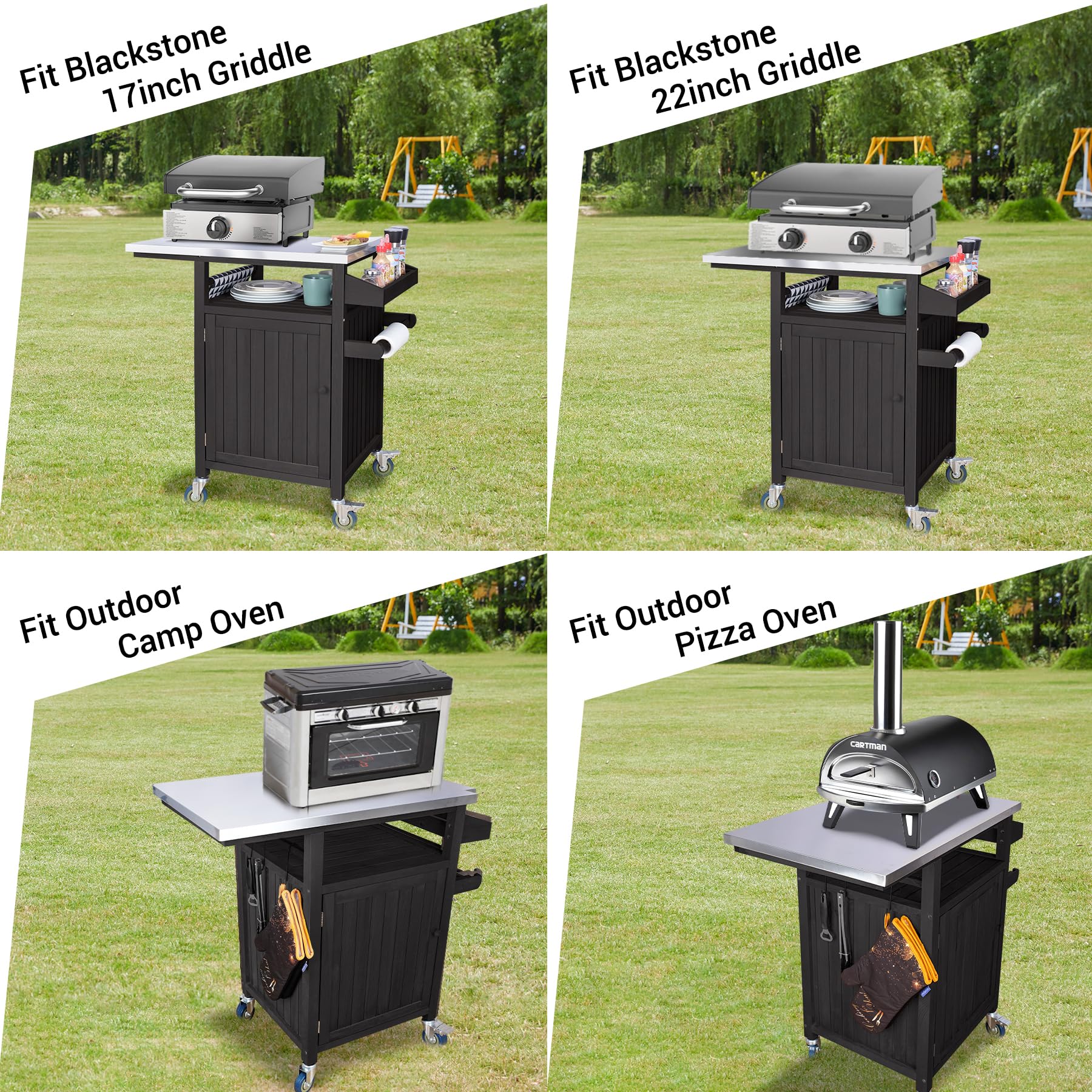 Portable Solid Wood Outdoor Grill Cart with Stainless Steel Top & Spice Rack - Movable BBQ Cooking Table with Storage for Patio, Garden, Backyard & Camping - Perfect for Grilling, Entertaining & Outdoor Dining