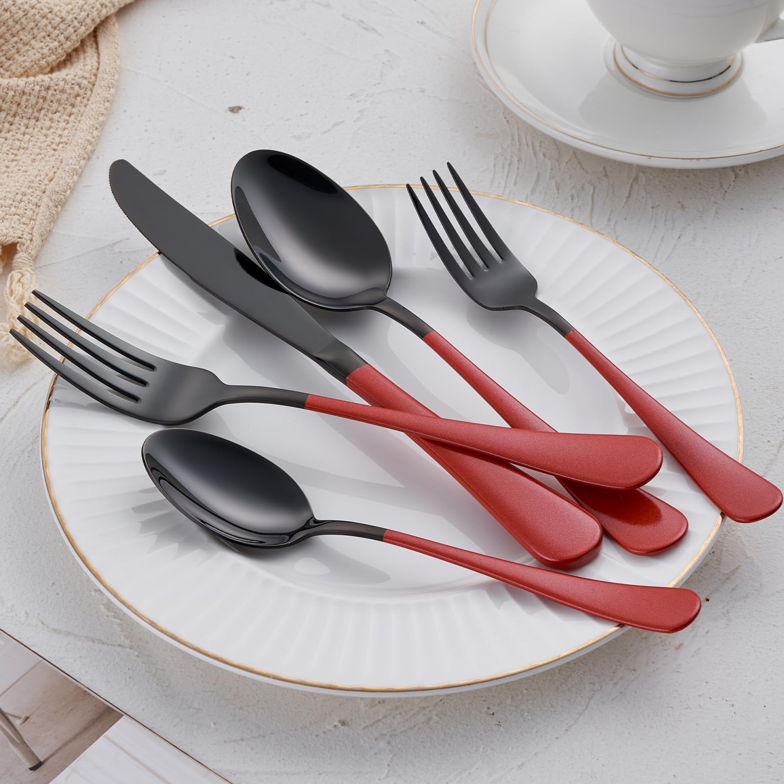 20-Piece Stainless Steel Flatware Set - 18/0 Grade, Red Handle Cutlery with Black Finish, Service for 4 (Knives, Forks, Spoons) - Dishwasher Safe - Perfect for Dinner Parties, Weddings, and Everyday Dining
