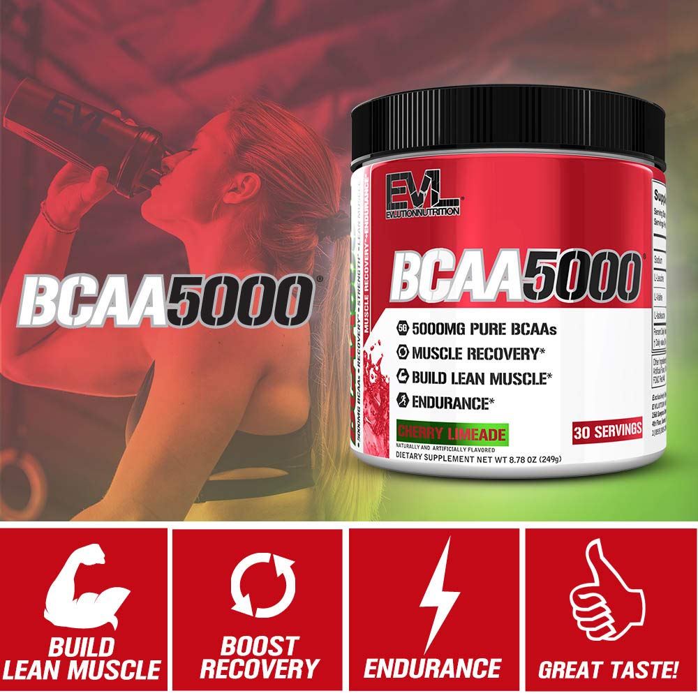 EVLUTION EVL BCAA Amino Acids Powder - 5g Branched Chain Amino Acid Supplement for Men & Women - Post Workout Recovery Drink, Stimulant-Free Pre Workout Energy - Cherry Limeade Flavor - Ideal for Muscle Recovery, Gym Performance & Fitness Enthusiasts