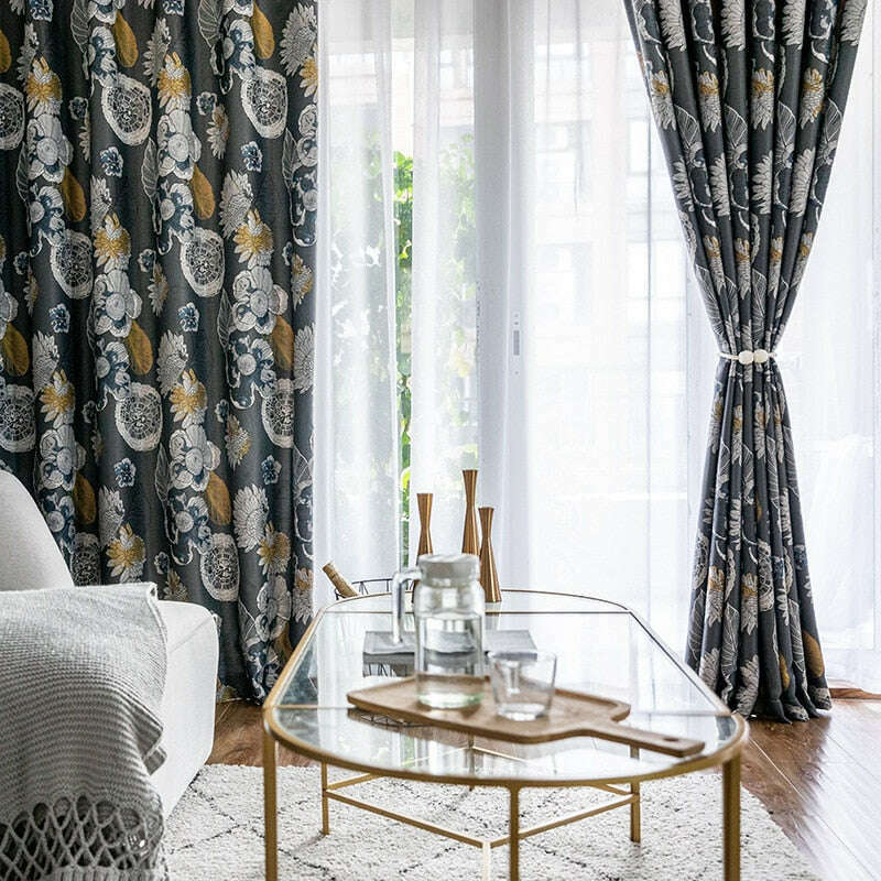 Rémy Black Botanical Floral Print Curtains for Living Room & Bedroom - Elegant Floral Design Window Drapes for Home Decor