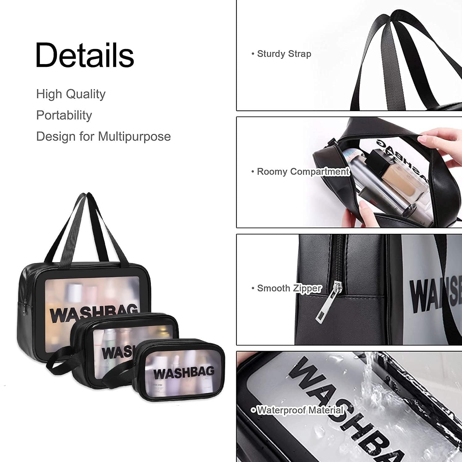 RAIYARAJ 3-Piece Makeup Pouch Set - Waterproof Travel Toiletries Bag & Cosmetic Organizer for Women - Portable Wash Bag for Cosmetics, Toiletries, Jewelry - Perfect for Travel, Gym, Bathroom Storage (Black)
