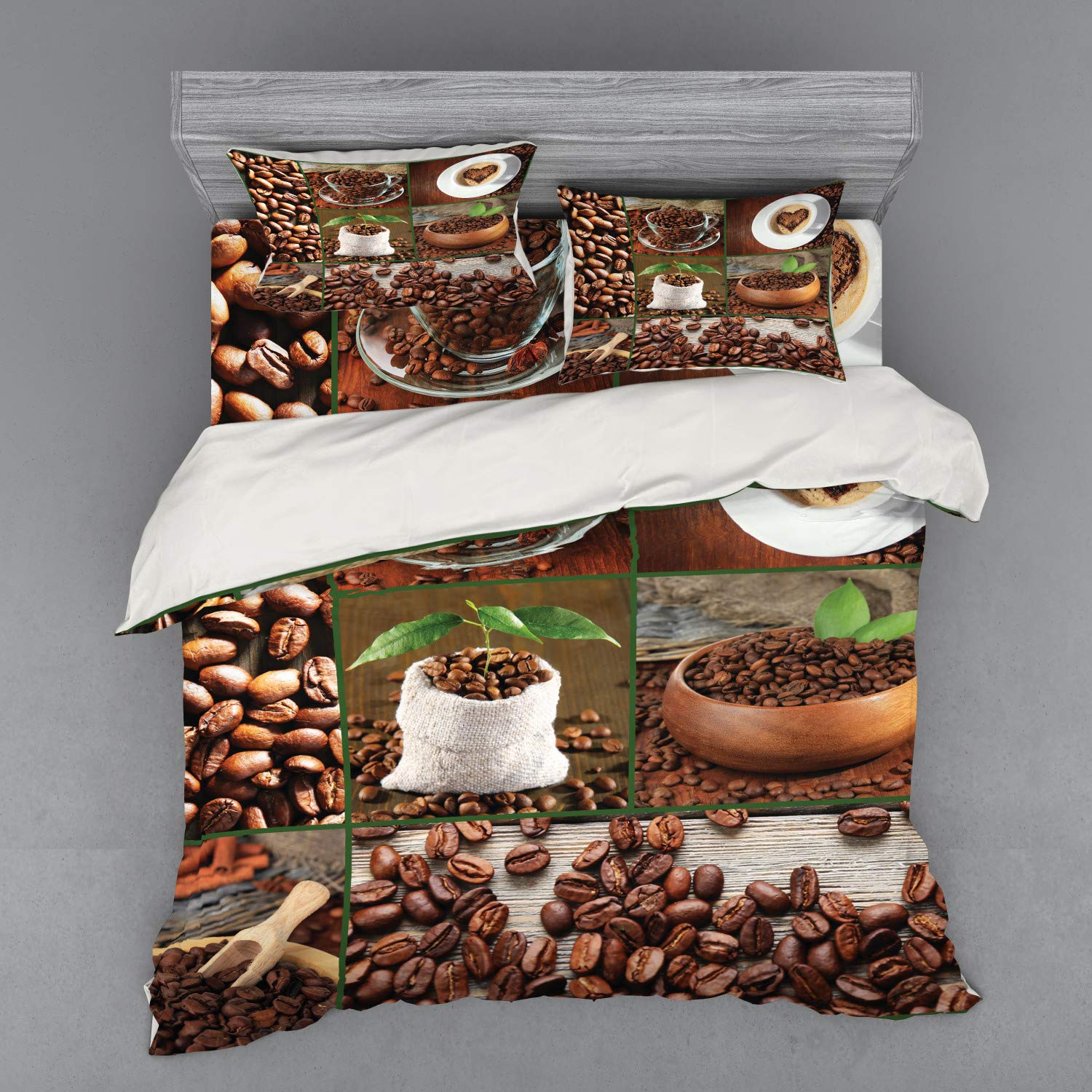 Ambesonne Brown Coffee Theme 4-Piece King Size Bedding Set - Duvet Cover, Shams & Fitted Sheet with Coffee Beans & Green Leaves Design | Perfect for Cozy Bedrooms & Coffee Lovers