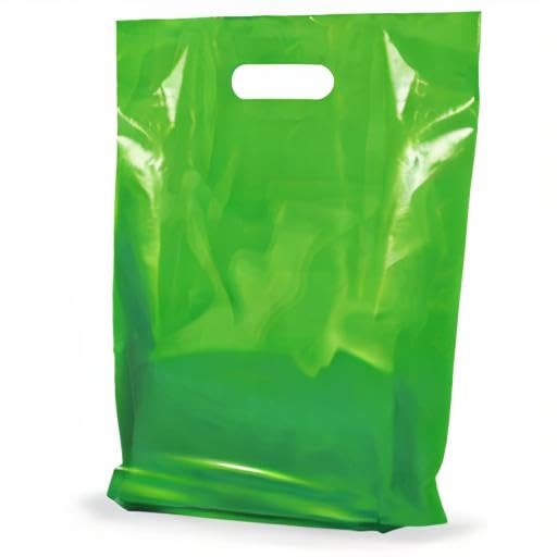 Eco-Friendly Green Plastic Shopping Bags Bulk 100-Pack - 12x15x1.25 Inch Glossy Die-Cut Handle Bags for Retail Stores & Small Businesses - Perfect for Grocery, Boutique & Gift Packaging