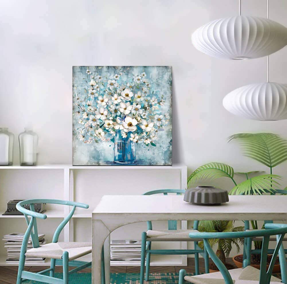 Modern Blue Bottle White Flower Canvas Wall Art - Framed Bathroom Decor, Ready to Hang Gallery Print for Kitchen, Bedroom & Living Room - 30x30 Inches - Perfect for Home, Office & Spa Decor