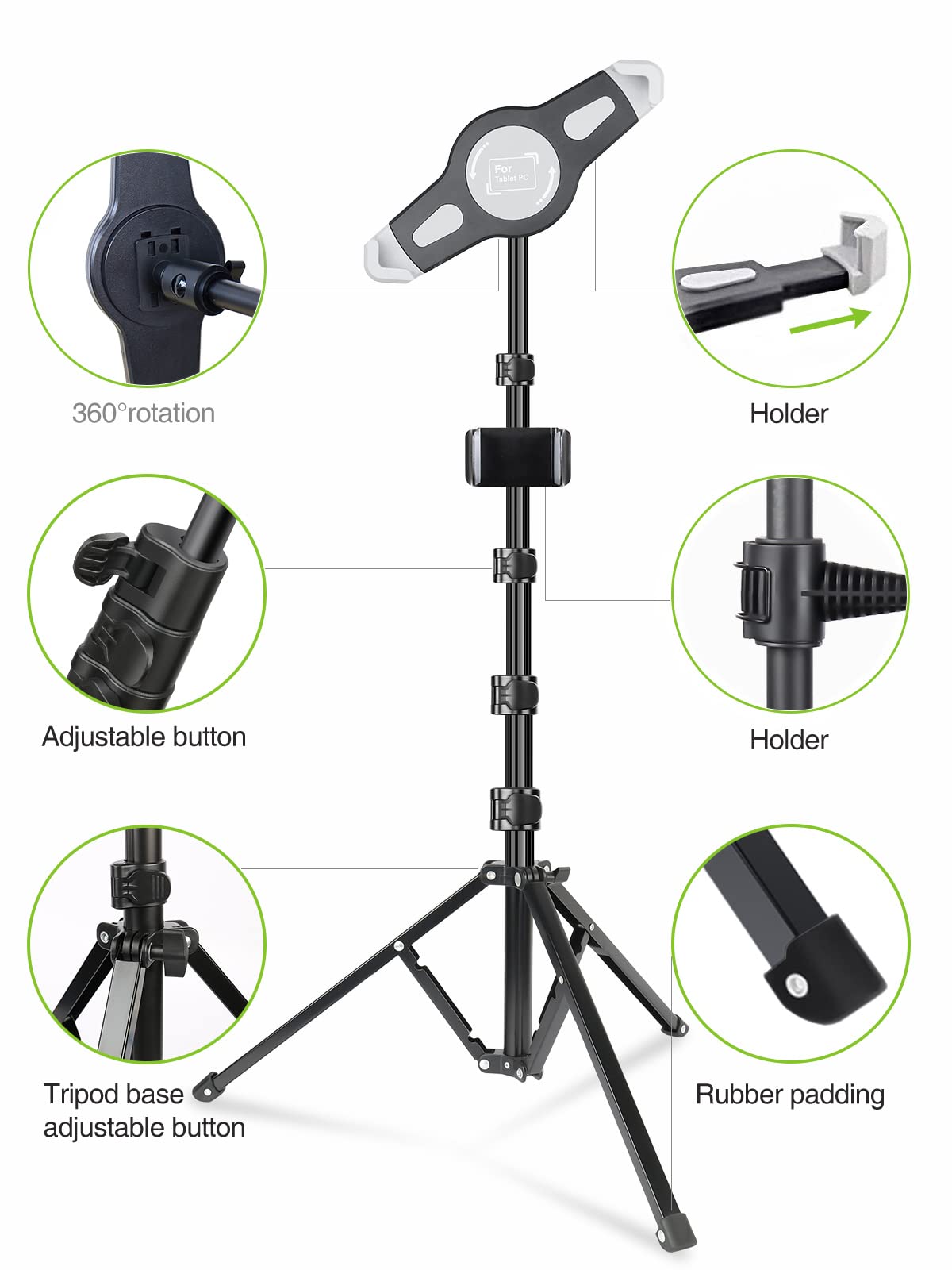 Elitehood 65-inch Adjustable iPad Tripod Stand with 360° Rotation - Compatible with iPad Pro 13/12.9/11, iPad Air & All 4-14.5 Inch Tablets - Perfect for Music, Video Calls, Live Streaming & Content Creation