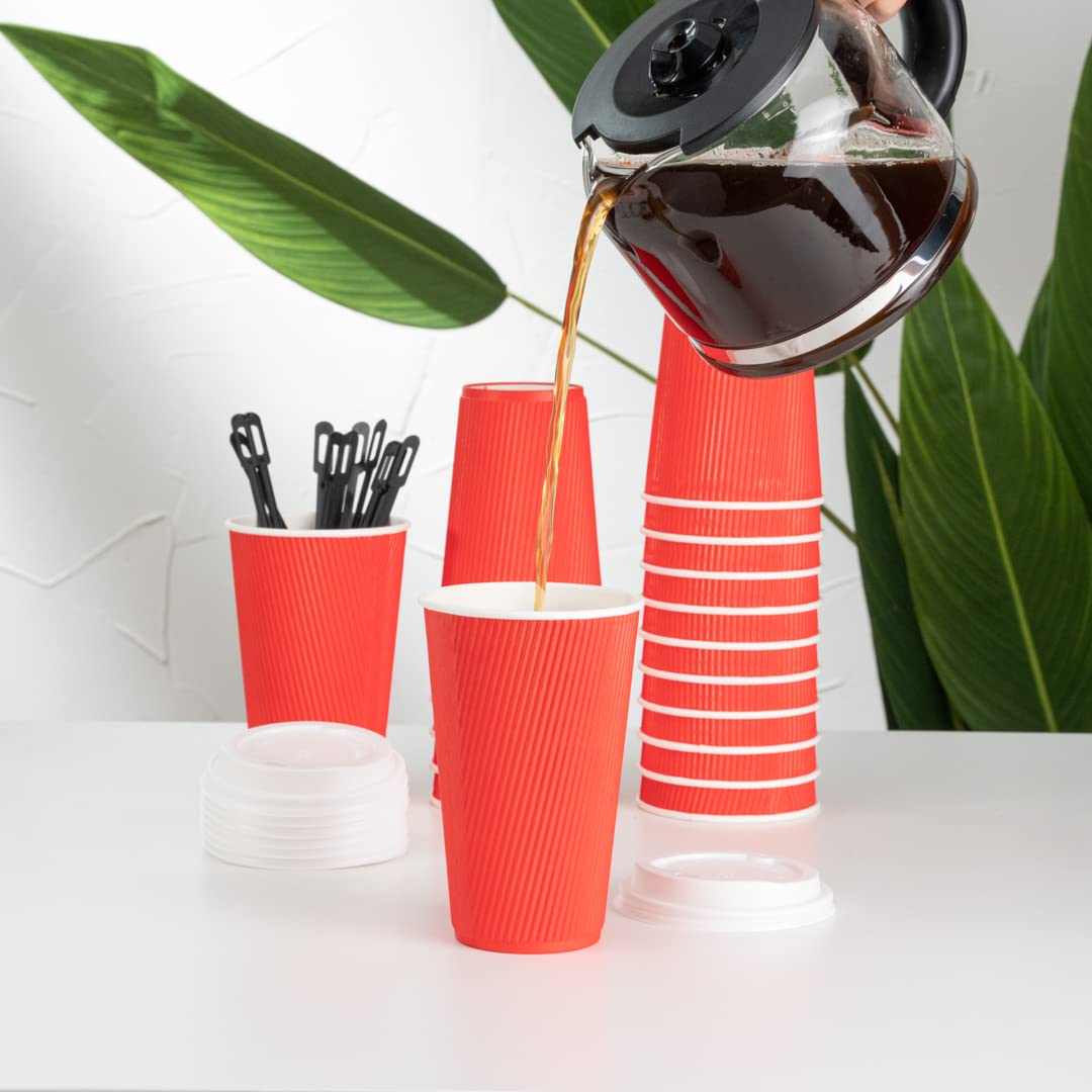 500 Pack 16oz Disposable Coffee Cups with Ripple Wall Design - Insulated Red Paper Hot Cups for Coffee, Tea & Hot Beverages (Lids Sold Separately) - Perfect for Cafes, Offices, Catering & Takeout Services