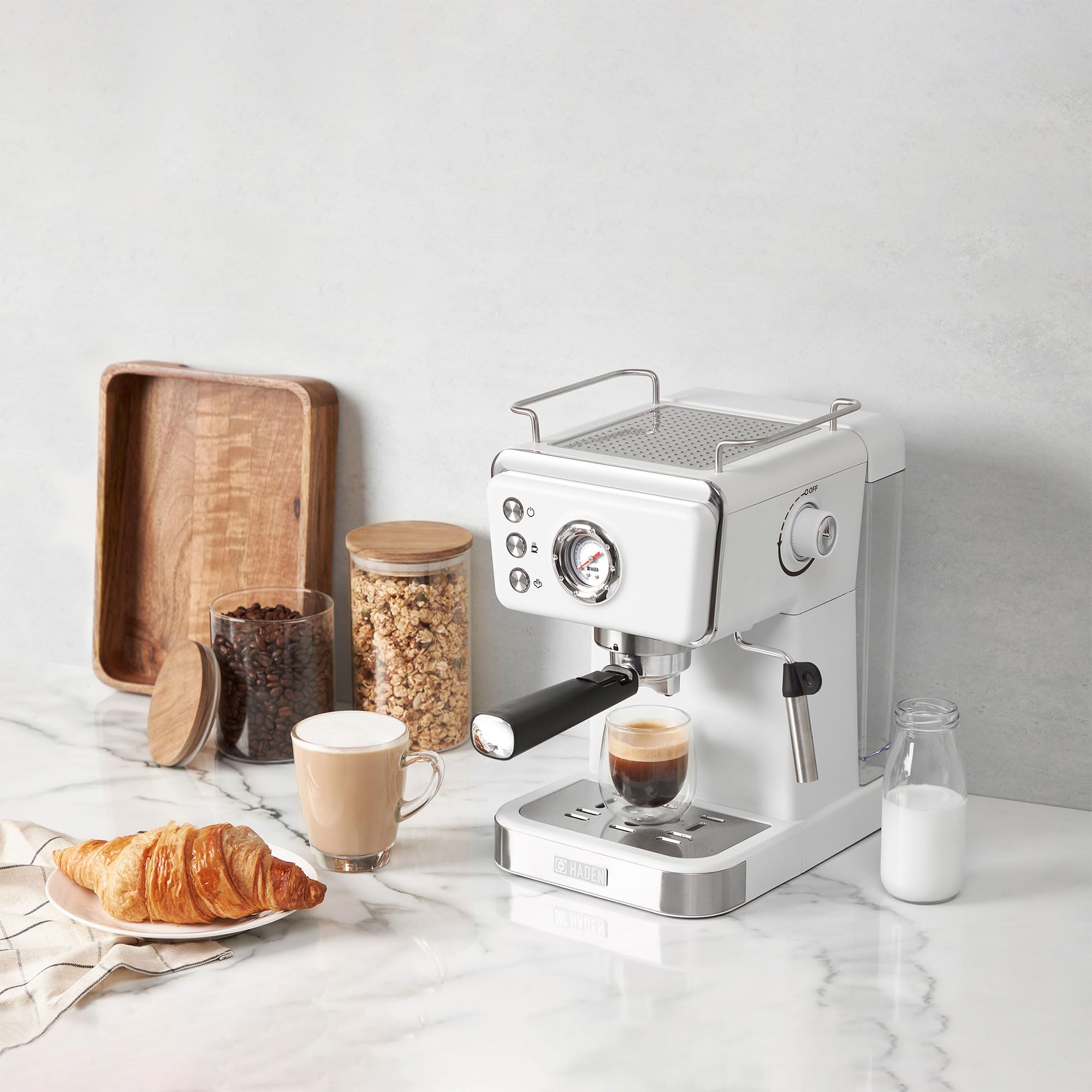 HADEN Barista Brew Espresso Coffee Machine - Stainless Steel Espresso Maker with Milk Frother, Steamer & 1.5L Water Tank, Ivory & Copper - Perfect for Home Baristas & Coffee Lovers