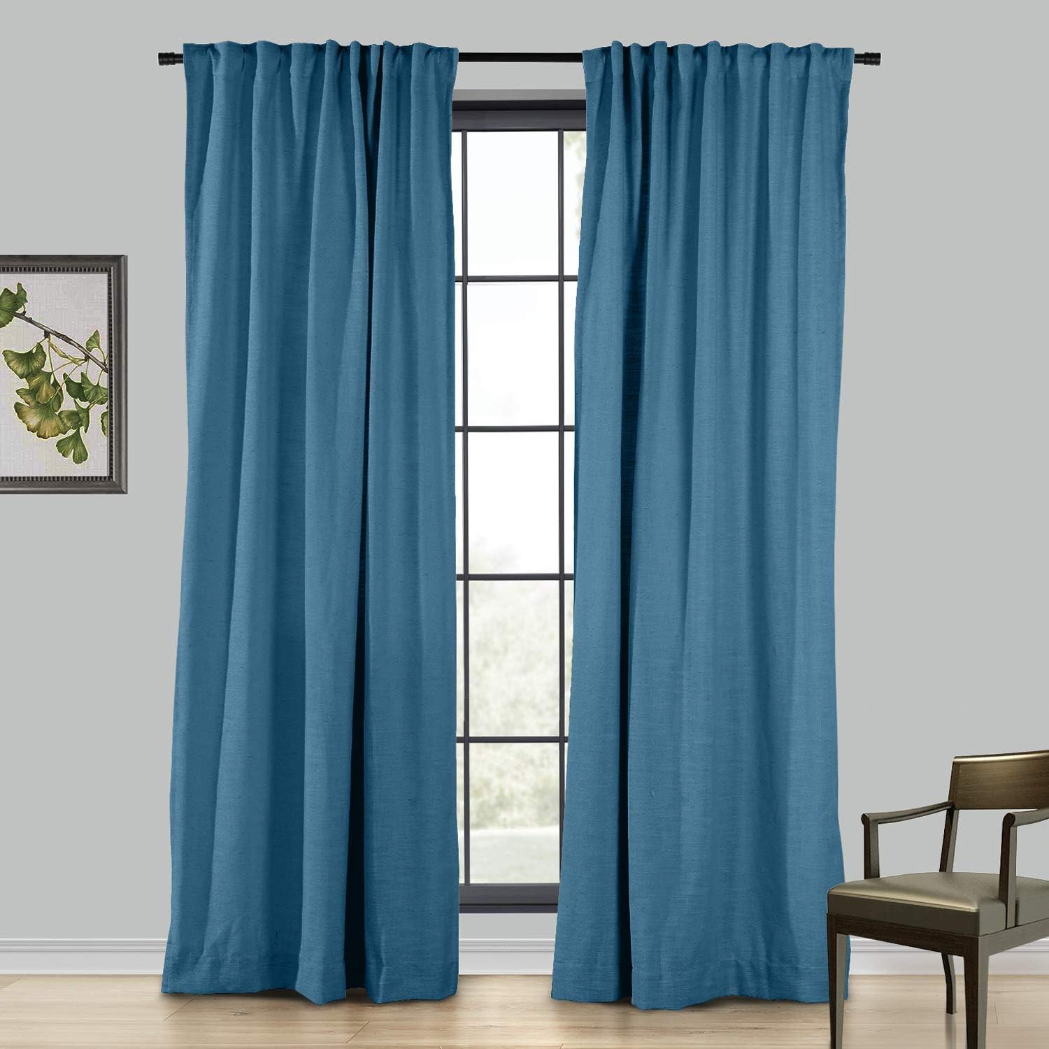 Premium 100Wx102L Inch Navy Blue Linen Room Darkening Curtain Panel - 4-in-1 Header with Rod Pocket, Back Tab & Hook Belt for Living Room, Bedroom & Home Theater Blackout Needs