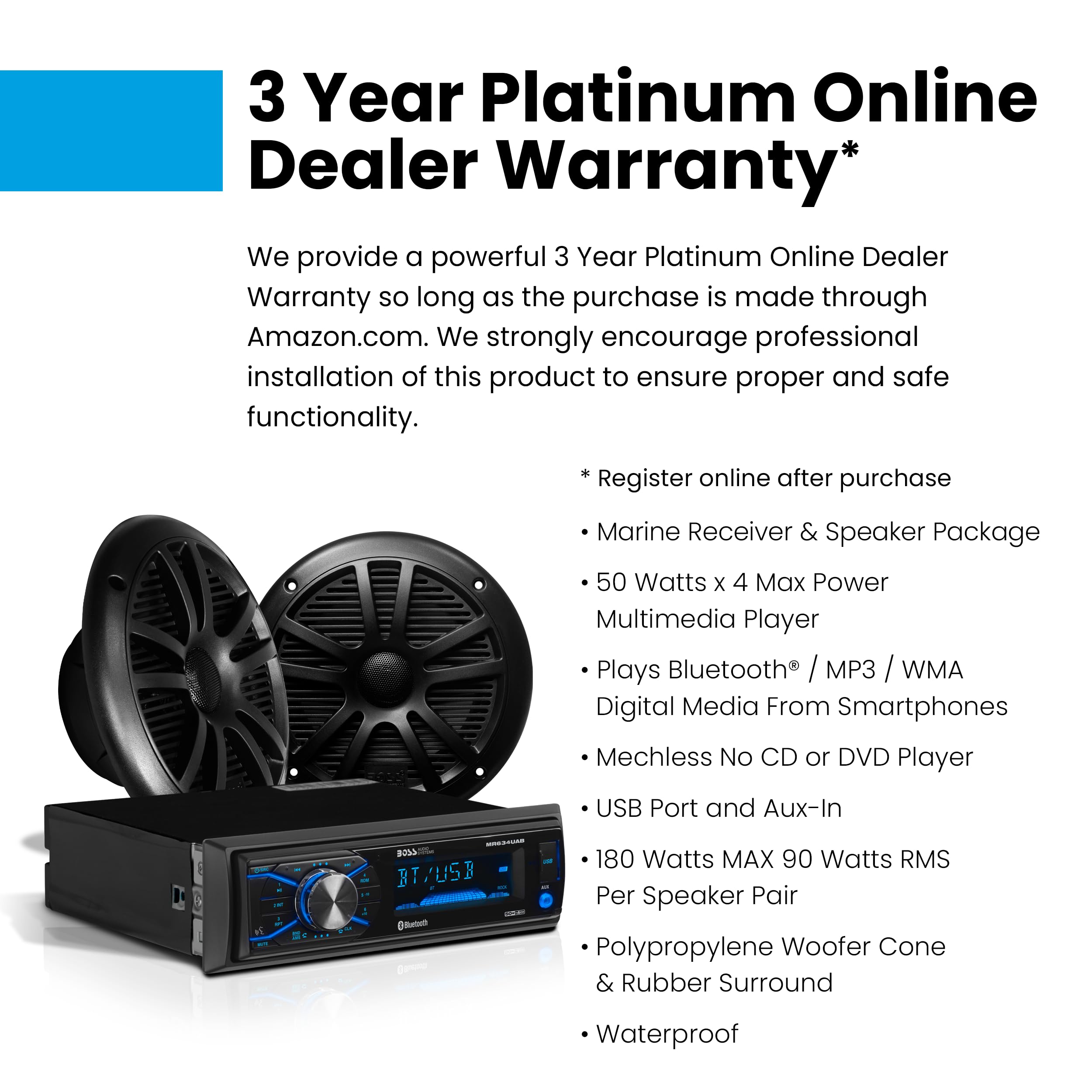 BOSS Audio Systems MCBK634B.6 Marine Boat Stereo System with 6.5 Inch Waterproof Speakers - Bluetooth, AM/FM Radio Receiver, No CD/DVD Player, Includes Dipole Antenna | Perfect for Boating, Fishing & Outdoor Water Activities