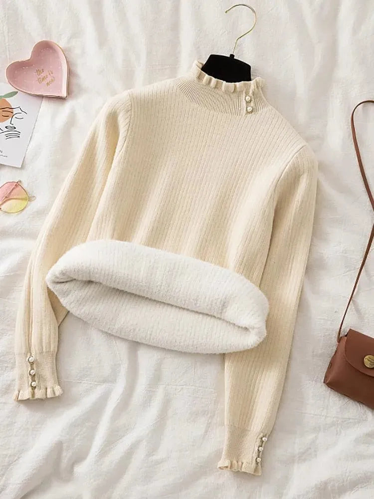 Elegant Winter Ruffled Mock Neck Sweater for Women - Cozy Knit Pullover for Casual Outfits & Holiday Gatherings