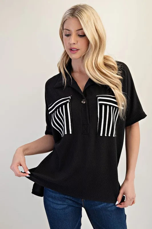 Celeste Plus Size Full-Length Rib Knit Collared Top with Striped Pockets - Black & White Stripes | Casual Office Wear & Weekend Outfits