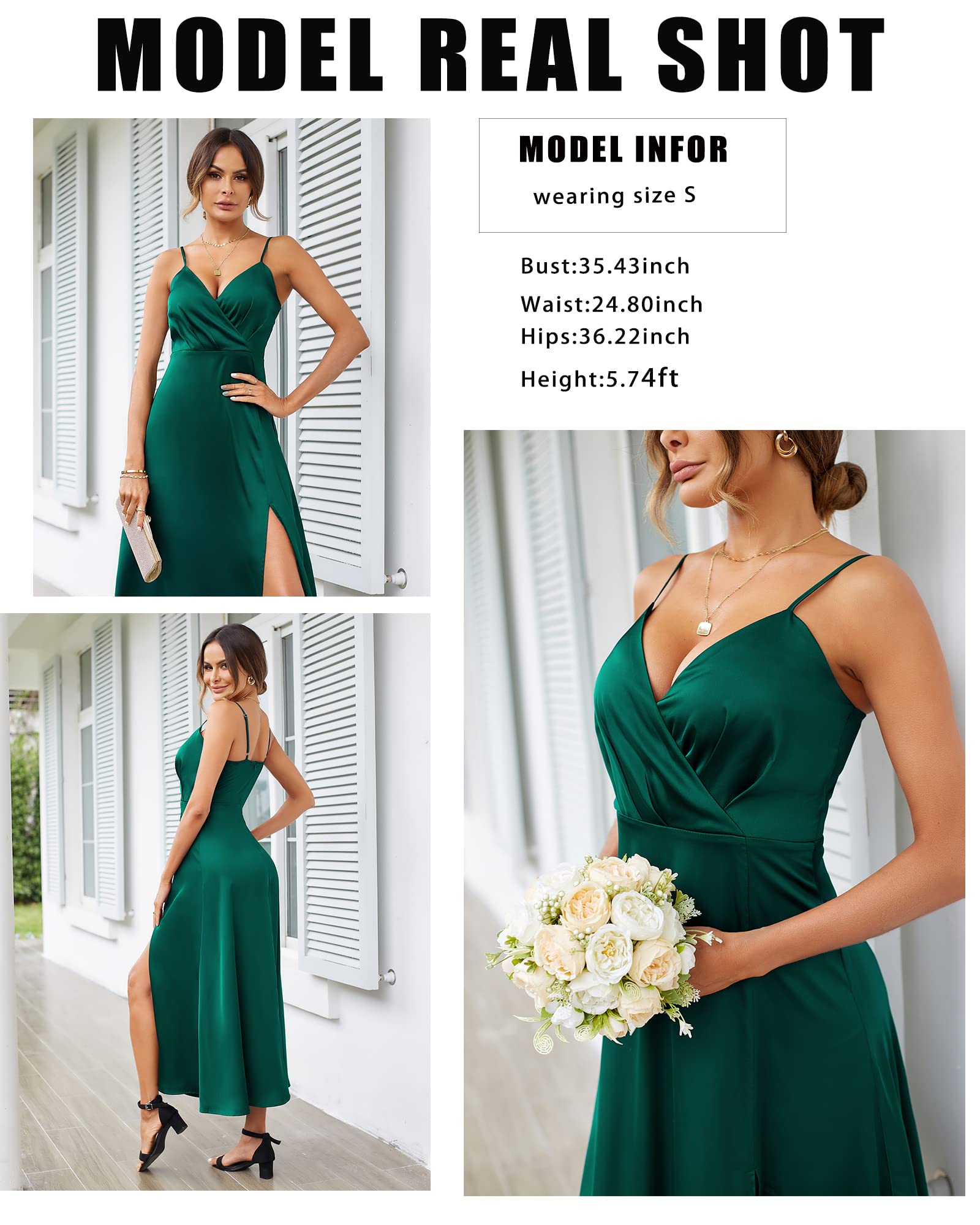 Newshows Women's 2024 Summer V-Neck Satin Cocktail Dress - Spaghetti Strap Sleeveless Long Slit Maxi Dress for Wedding Guest, Party, Evening & Special Occasions