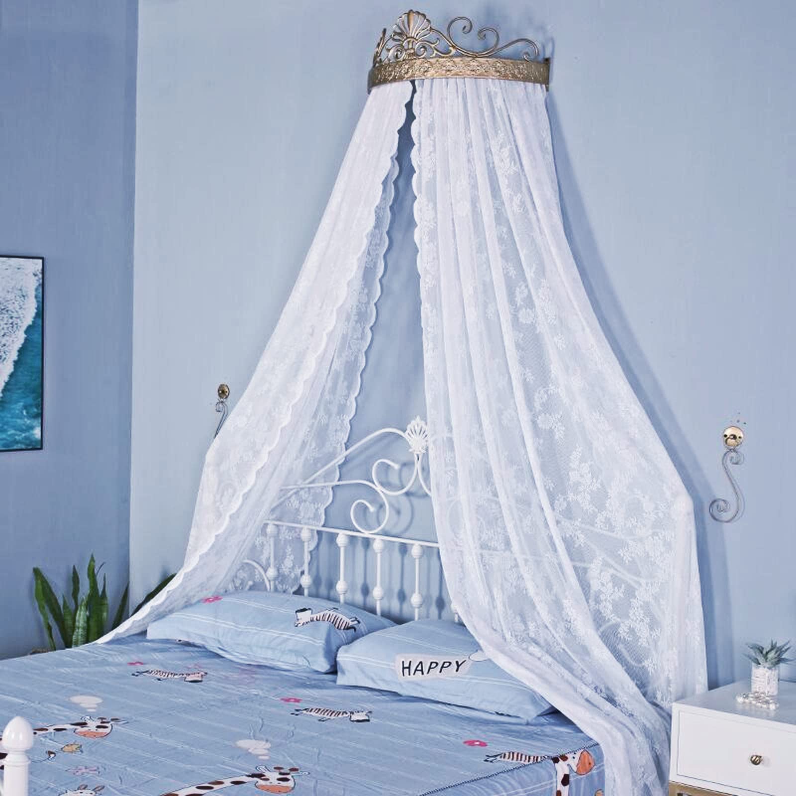 Elegant Princess Lace Bed Canopy with Gold Metal Crown - Floral Sheer Curtain for King/Queen/Full Size Beds (White) | Perfect for Girls' Bedroom, Wedding Decor & Nursery Room
