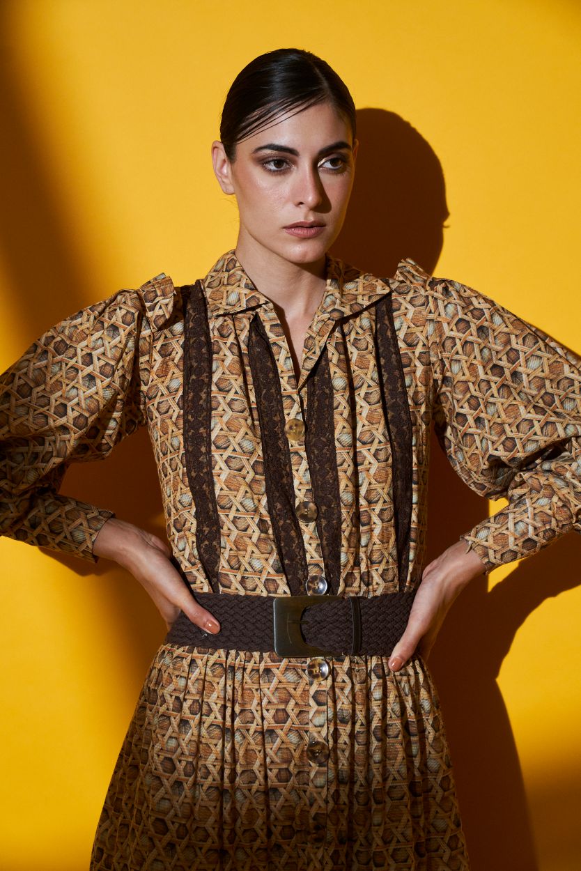 Elegant Brown Bamboo Print Front Open Dress with Flowy Poet Sleeves - Boho Chic Summer Dress for Beach, Wedding & Casual Wear
