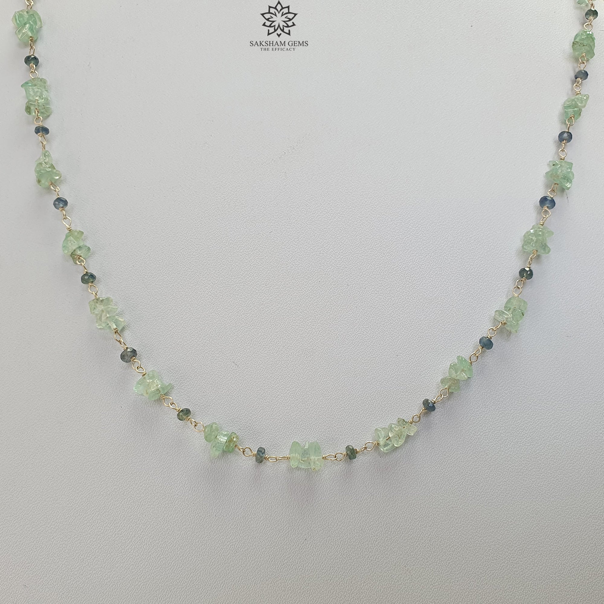 925 Sterling Silver Green Emerald & Blue Sapphire Gemstone Beaded Chain Necklace - 8.00g Natural Uncut Stones - 17