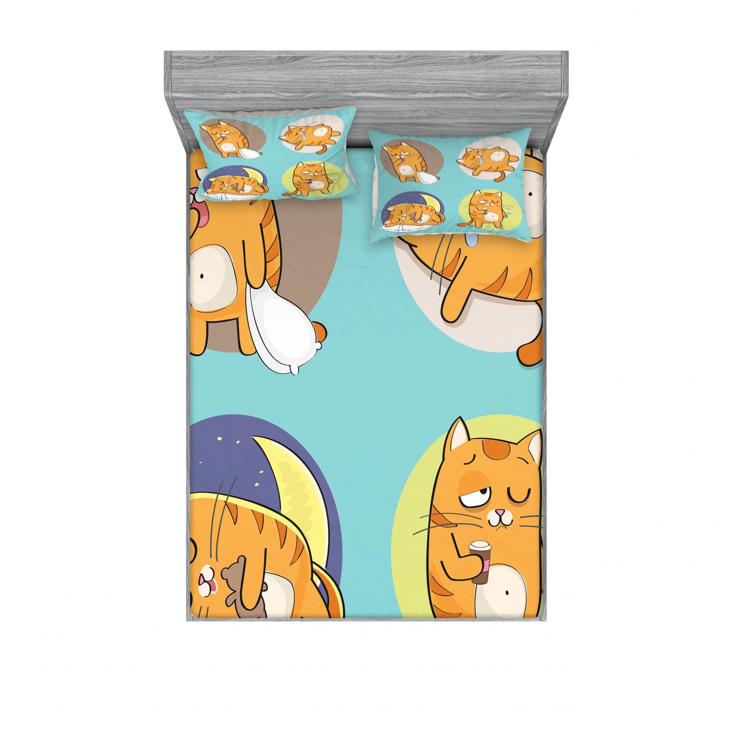 Lunarable 2-Pack Queen Size Cat Themed Fitted Sheet Set with 4 Pillow Shams - Sleepy Kitten Cartoon Print Bedding Collection in Turquoise Apricot Grey | Cozy Pet Lover's Bedroom Decor for Kids & Adults