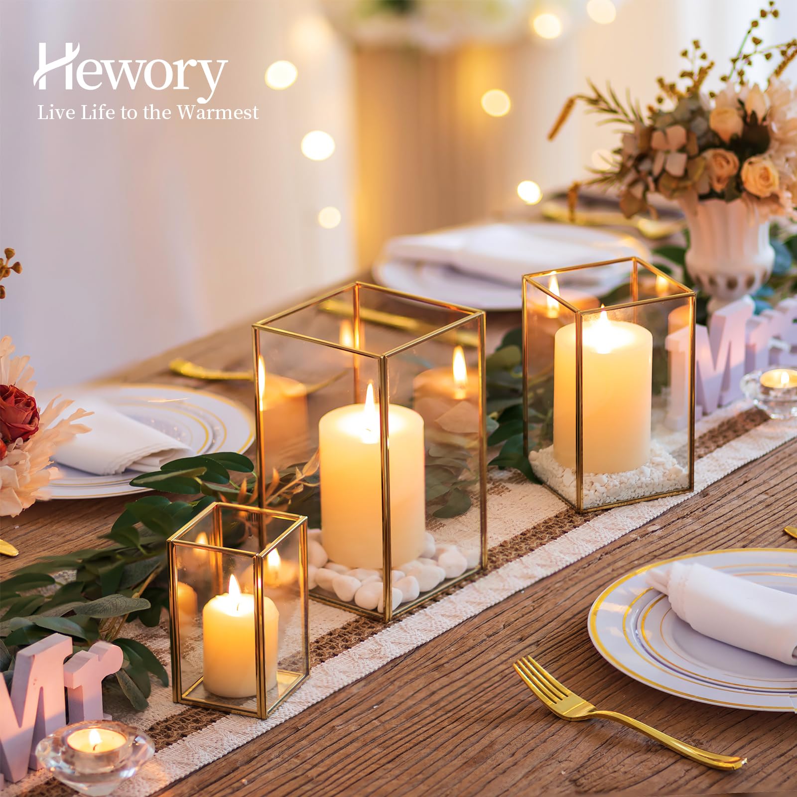 Hewory Glass Hurricane Candle Holder Set of 3 - Gold Metal Frame Square Clear Candle Holders for Wedding, Christmas, Engagement, Birthday Party Decor - Perfect for Table Centerpieces, Home Decor, and Romantic Ambiance