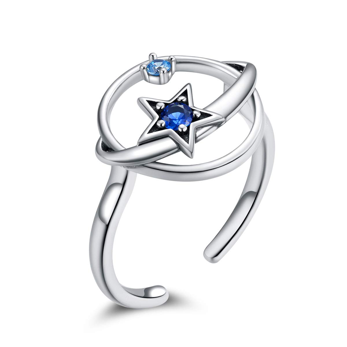 Blue Star Sterling Silver Statement Rings for Women & Girls - Adjustable Crystal Rhinestone CZ Planet Open Finger Band - Elegant Eternity Engagement Wedding Ring - Cute Jewelry Gift for BFF Birthday - Perfect for Parties, Date Nights & Special Occasions