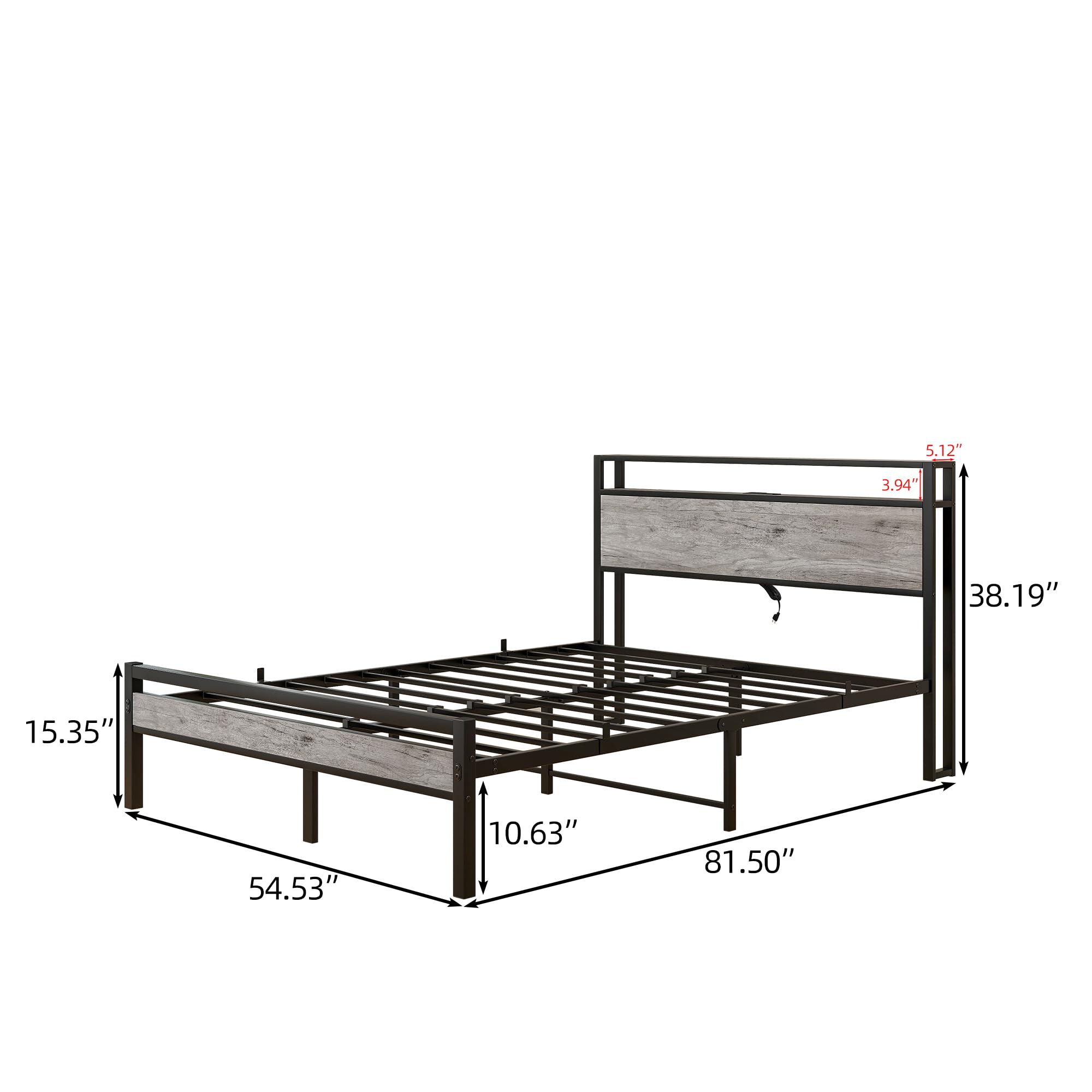 Full Size Bed Frame with Storage Headboard & USB Charging Ports - Sturdy Metal Platform Bed with Noise-Free Steel Slats - No Box Spring Needed - Warm Grey Finish - Perfect for Small Bedrooms, Guest Rooms & Apartments