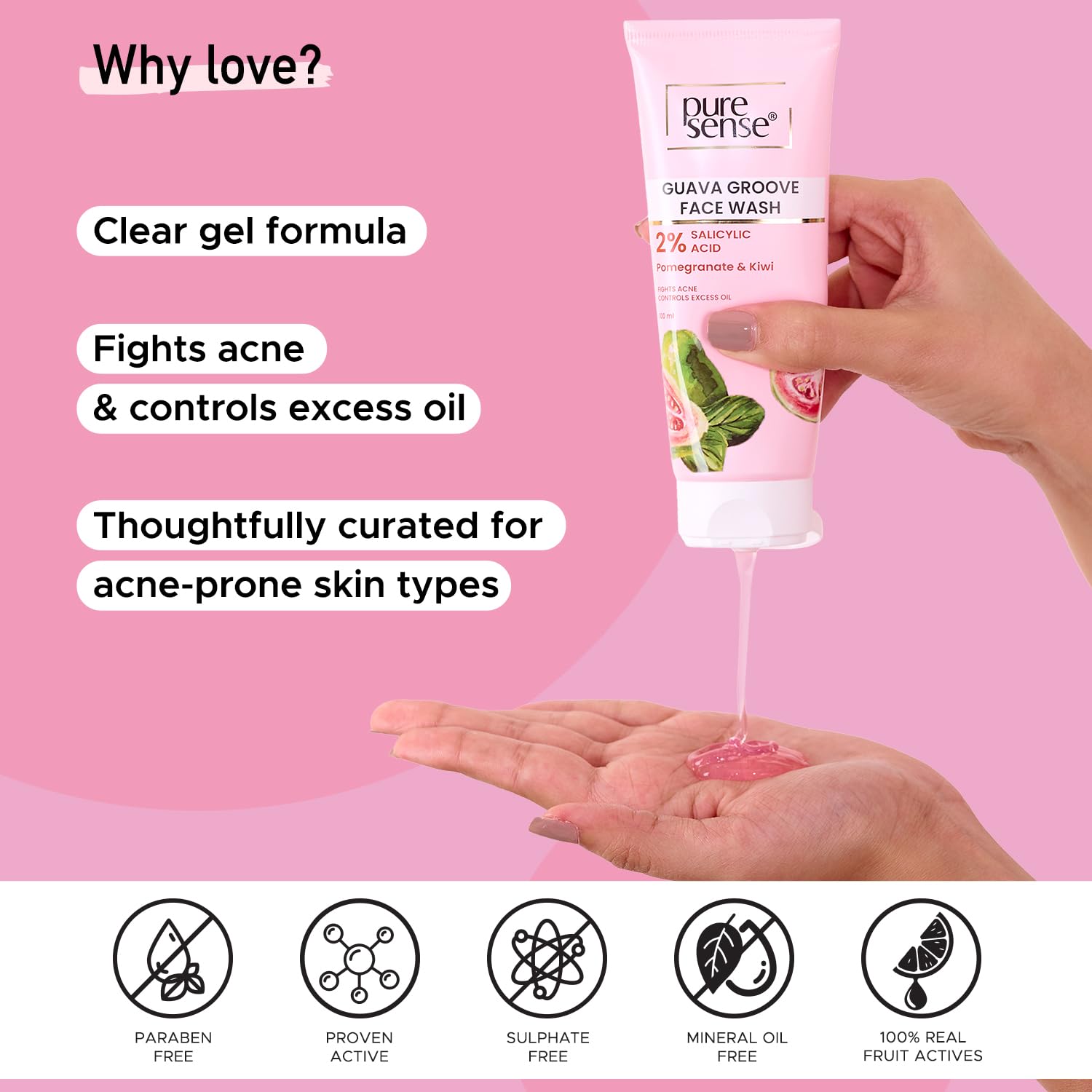 PureSense Guava Groove Face Wash with 2% Salicylic Acid | Pomegranate & Kiwi Extract | Acne Treatment & Oil Control | For Men & Women - 100ml | Daily Cleanser for Oily & Combination Skin | Perfect for Morning & Night Skincare Routine