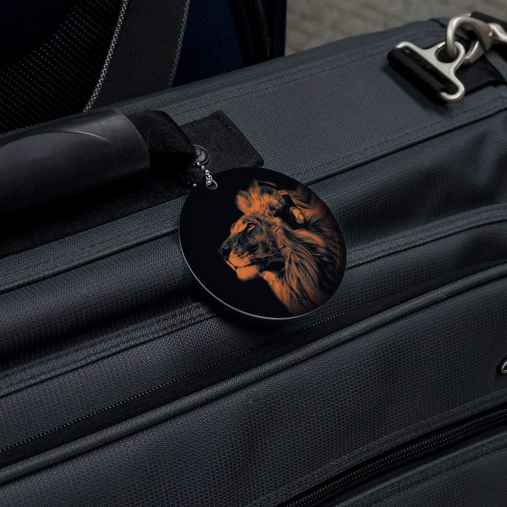 Funny Lion Wearing Headphones Music-Themed Round Luggage Tag - Durable Suitcase ID Card for Carry-On Bags | Perfect for Travel, Business Trips & Vacation Identification