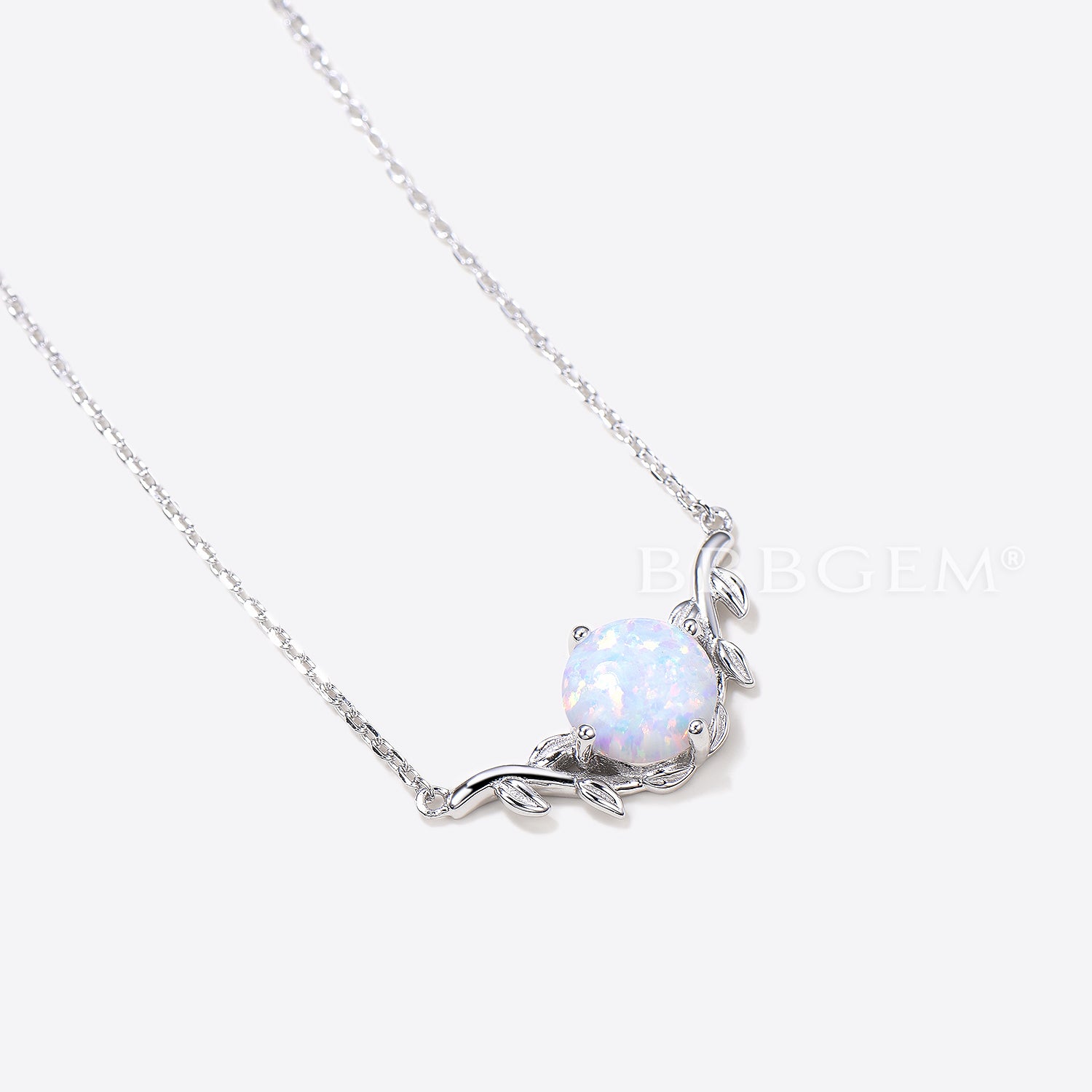 Round Cut White Opal Pendant Leaf Nature Inspired Solitaire Necklace - Elegant Sterling Silver Jewelry for Women, Perfect for Weddings, Anniversaries & Everyday Wear