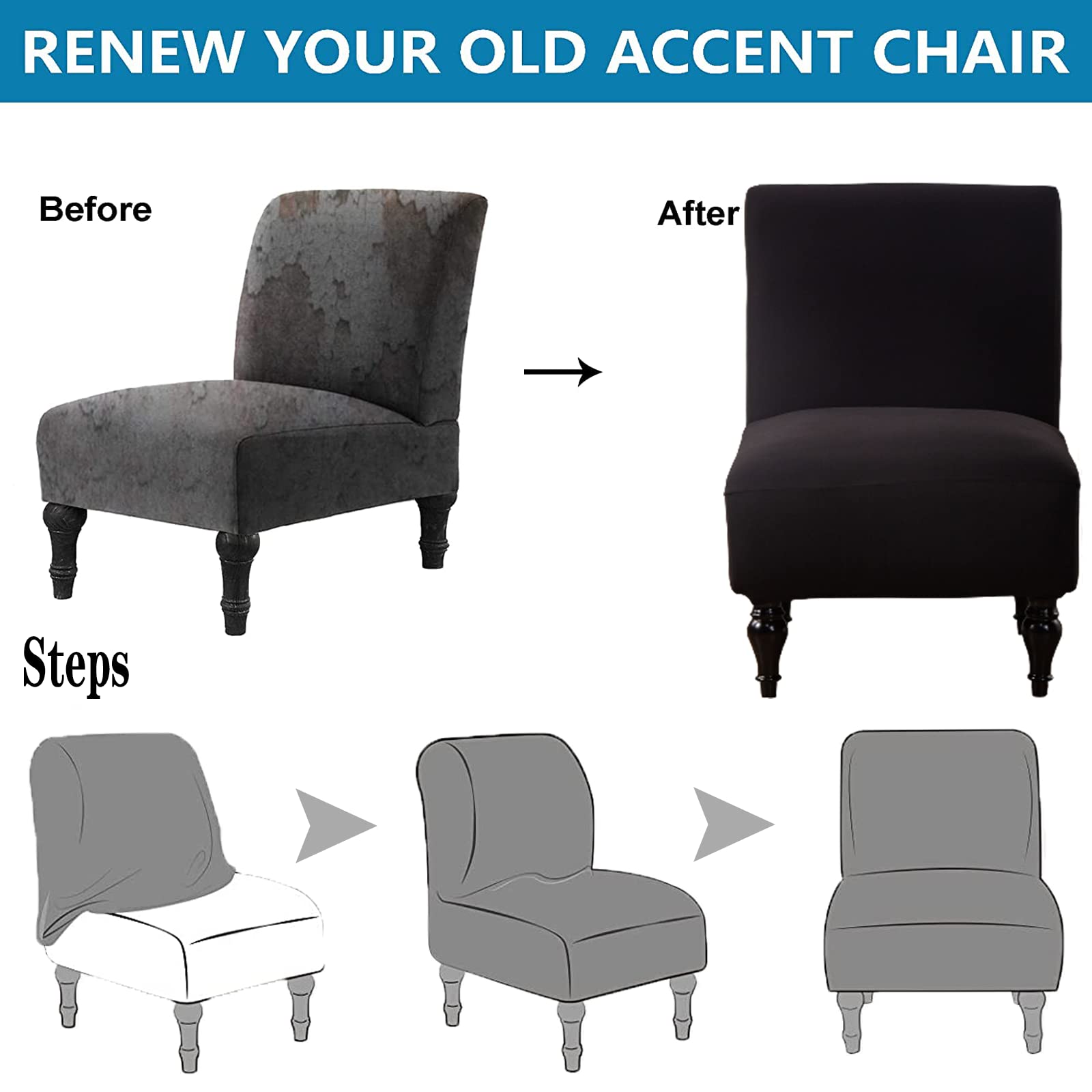 Stretch Spandex Armless Accent Chair Slipcover - Washable Furniture Protector for Slipper Chairs | Fits Living Room, Hotel & Office Use | Black (6-Pack)