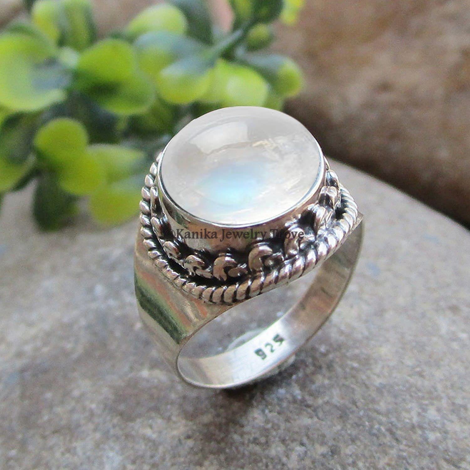 925 Sterling Silver Rainbow Moonstone Ring - Antique & Elegant Jewelry for Women | Unique Wedding Gift, Mother's Day Present | Size 12.5 | Perfect for Boho Style, Evening Wear & Special Occasions