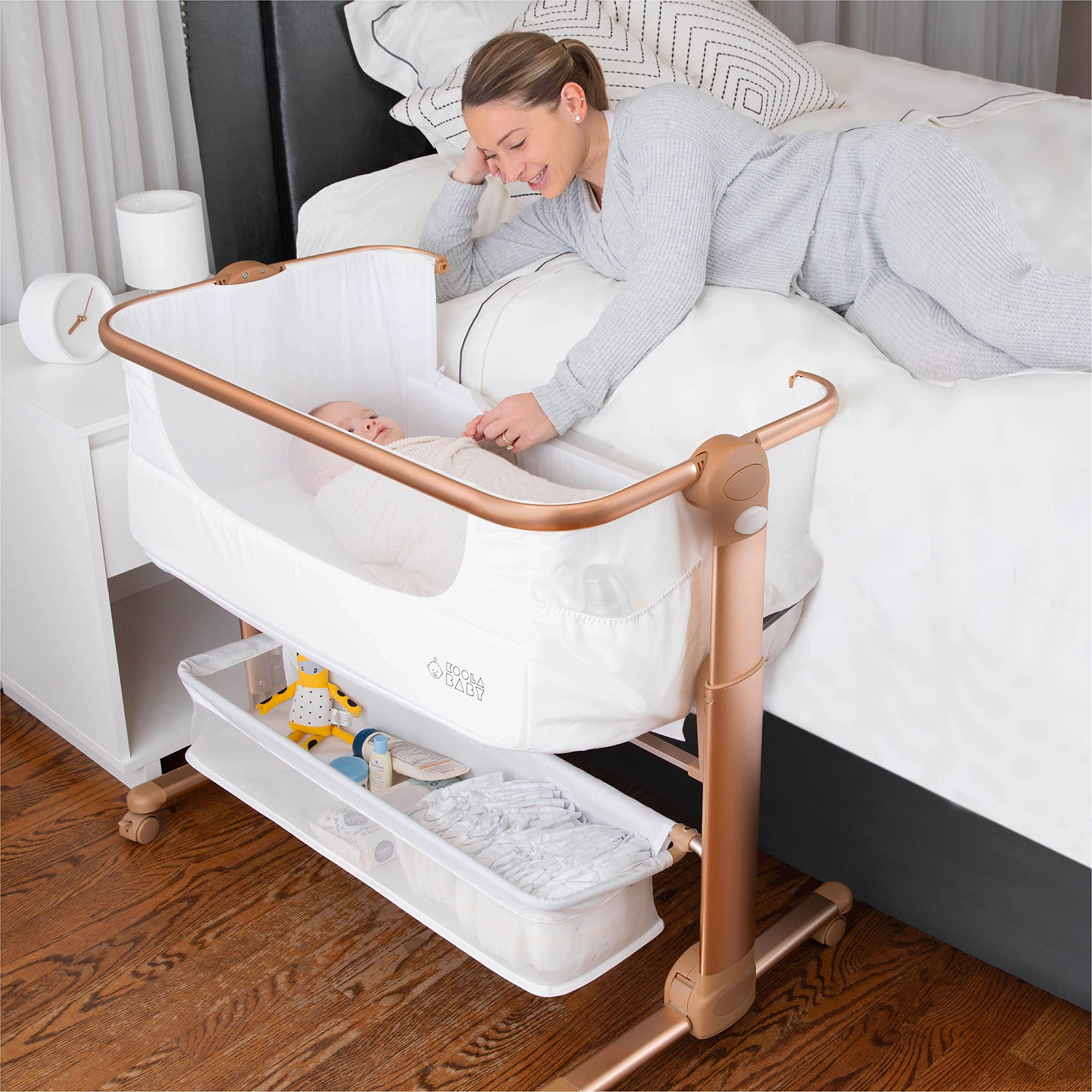 KoolerThings Baby Bassinet - Portable Folding Crib with Storage Basket & Mattress | Bedside Sleeper for Newborns | Travel Bag Included | White & Gold | Perfect for Nursery, Bedroom & Travel