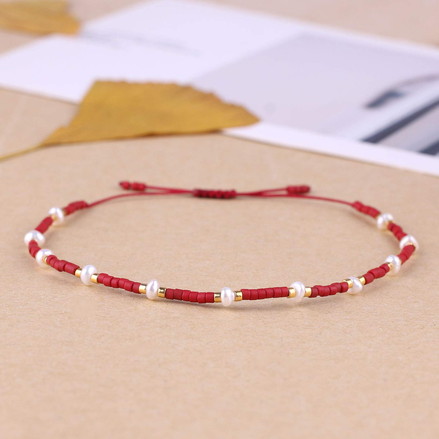 C·QUAN CHI Charm Pearl Bracelet - Handmade Adjustable Friendship Bracelet with Seed Beads & Flat Knot Design for Women - Perfect for Gifts, Boho Style & Everyday Wear