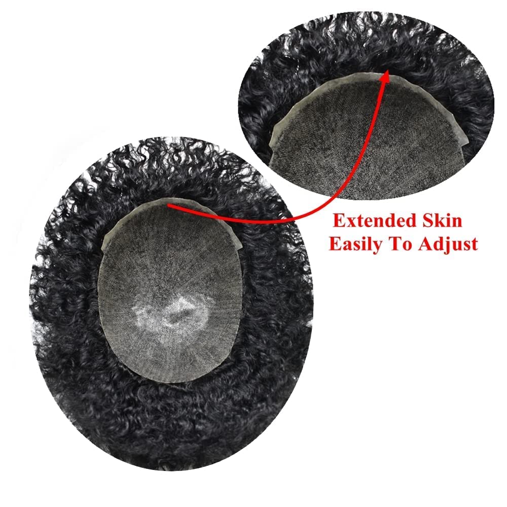 **Afro Curly Toupee for Black Men - 100% Virgin Human Kinky Curly Hair Replacement - 8X10 Inch Thin Skin Hair Unit (Afro Wavy 6mm, #1B Off Black/Natural Black) - 120% Medium Light to Medium Density - Perfect for Daily Wear, Cosplay & Special Events**