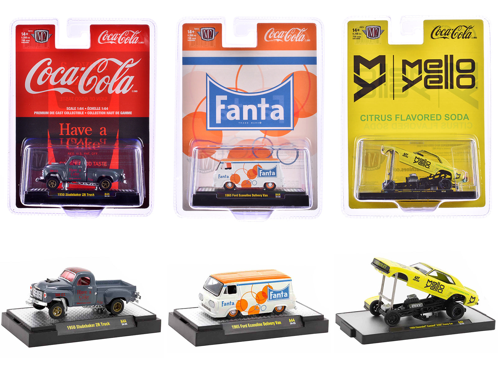 M2 Machines 1/64 Scale Diecast Model Cars - Limited Edition Release 44 (Only 8250 Made Worldwide) - 3-Piece Soda-Themed Collectible Set - Perfect for Display, Gifts & Car Enthusiast Collections