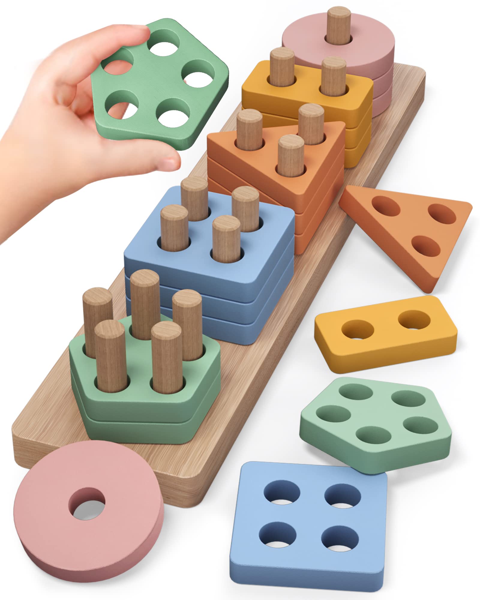 Montessori Wooden Stacking Toys for Toddlers 1-2 Years - Sorting & Learning Blocks for Preschool Kids - Perfect Gift for 12-18 Month Boys & Girls - Playtime & Early Education