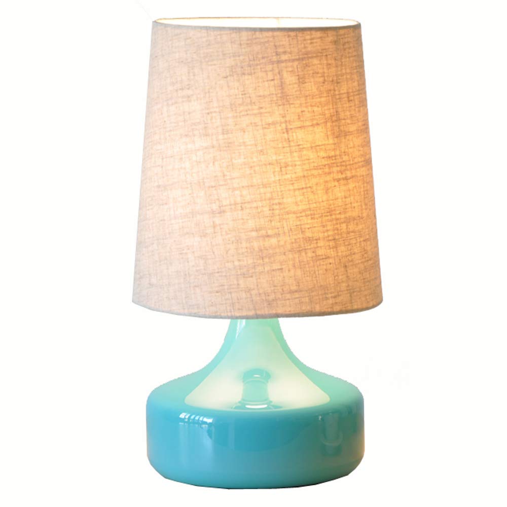 Modern Minimalist Glass Bedside Table Lamp with Fabric Shade - Creative Study & Dining Room Desk Light with Rattan Ball Interior - Blue Base & Beige Lampshade - Perfect for Bedroom, Office, and Cozy Reading Nook Lighting