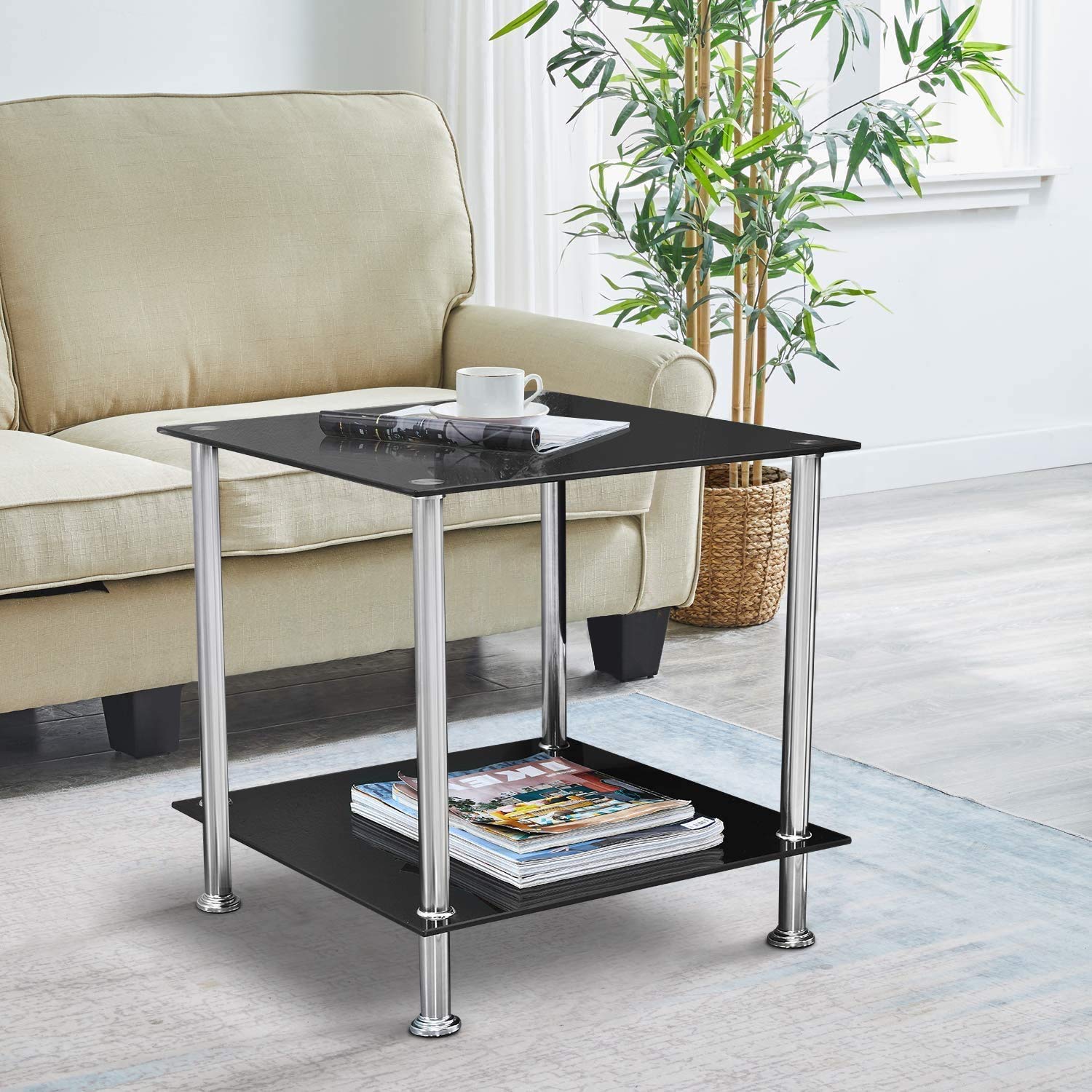 2-Tier Glass Side Table for Living Room & Bedroom - Modern Square End Table, Coffee Table & Nightstand - Perfect for Small Spaces, Home Decor & Apartment Furniture